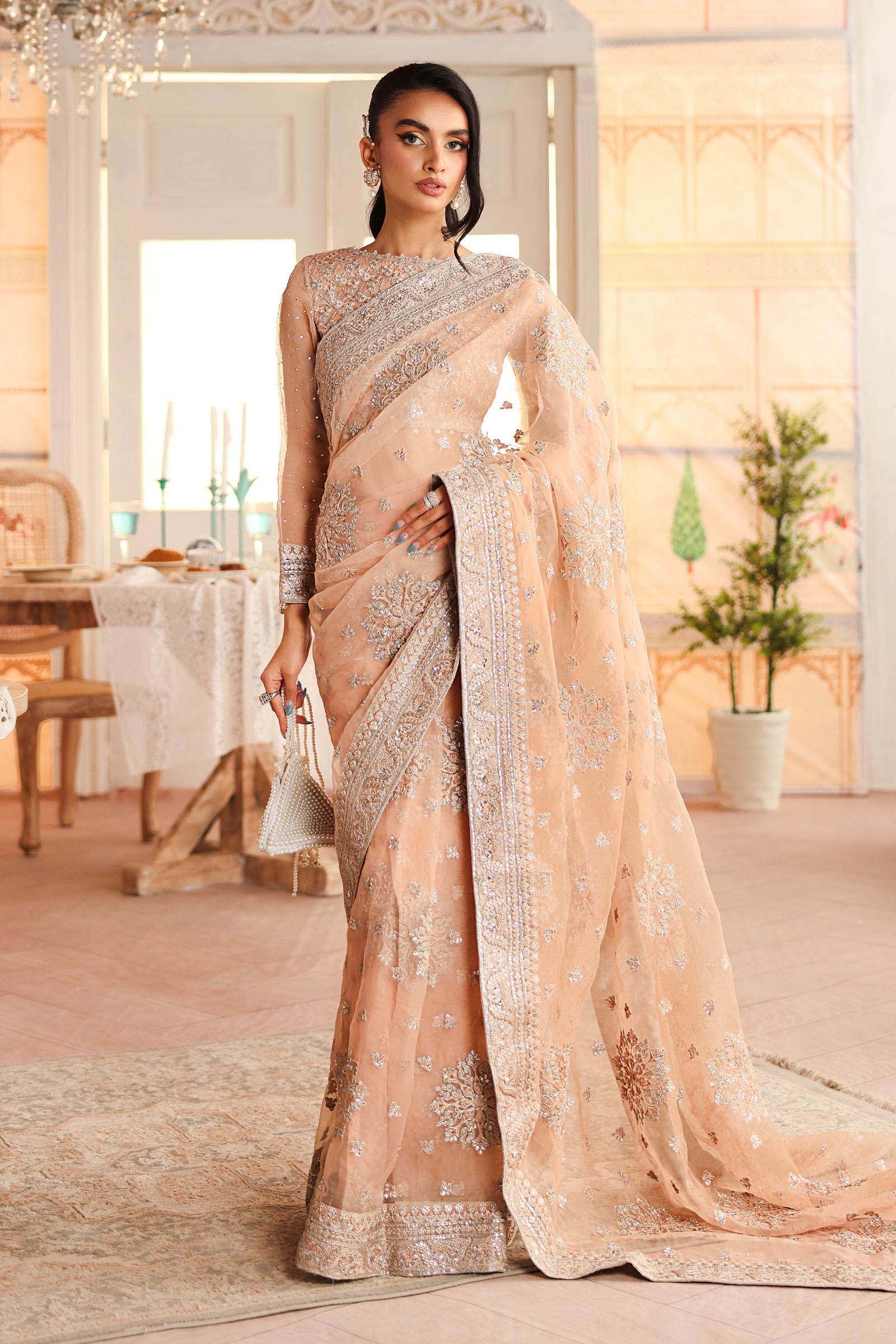 Maria B | Pre Fall Dresses | Embroidered Organza Saree Peach - Official Maria B stockist in UK - Sakeena London