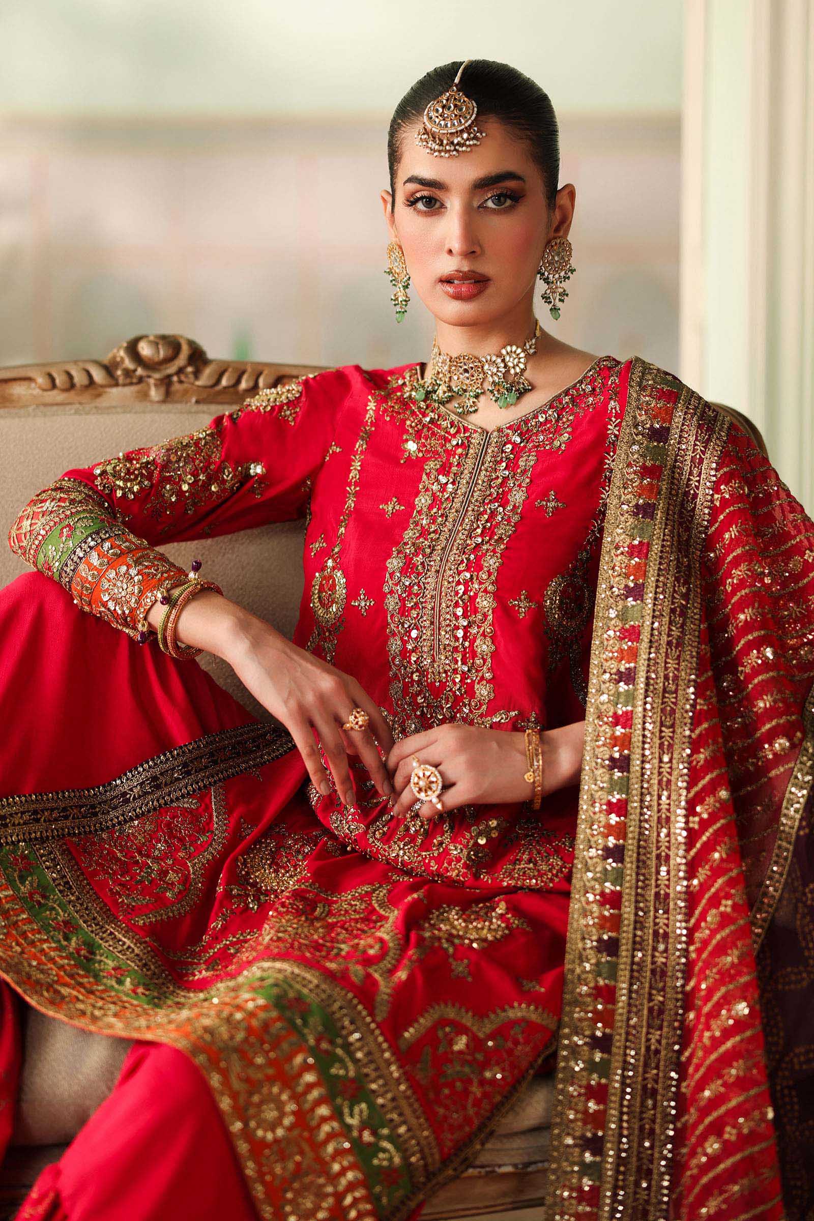 Maria B | Pre Fall Dresses | 3 Piece Embroidered Bamber Raw Silk Suit Carrot Pink - Official Maria B stockist in UK - Sakeena London