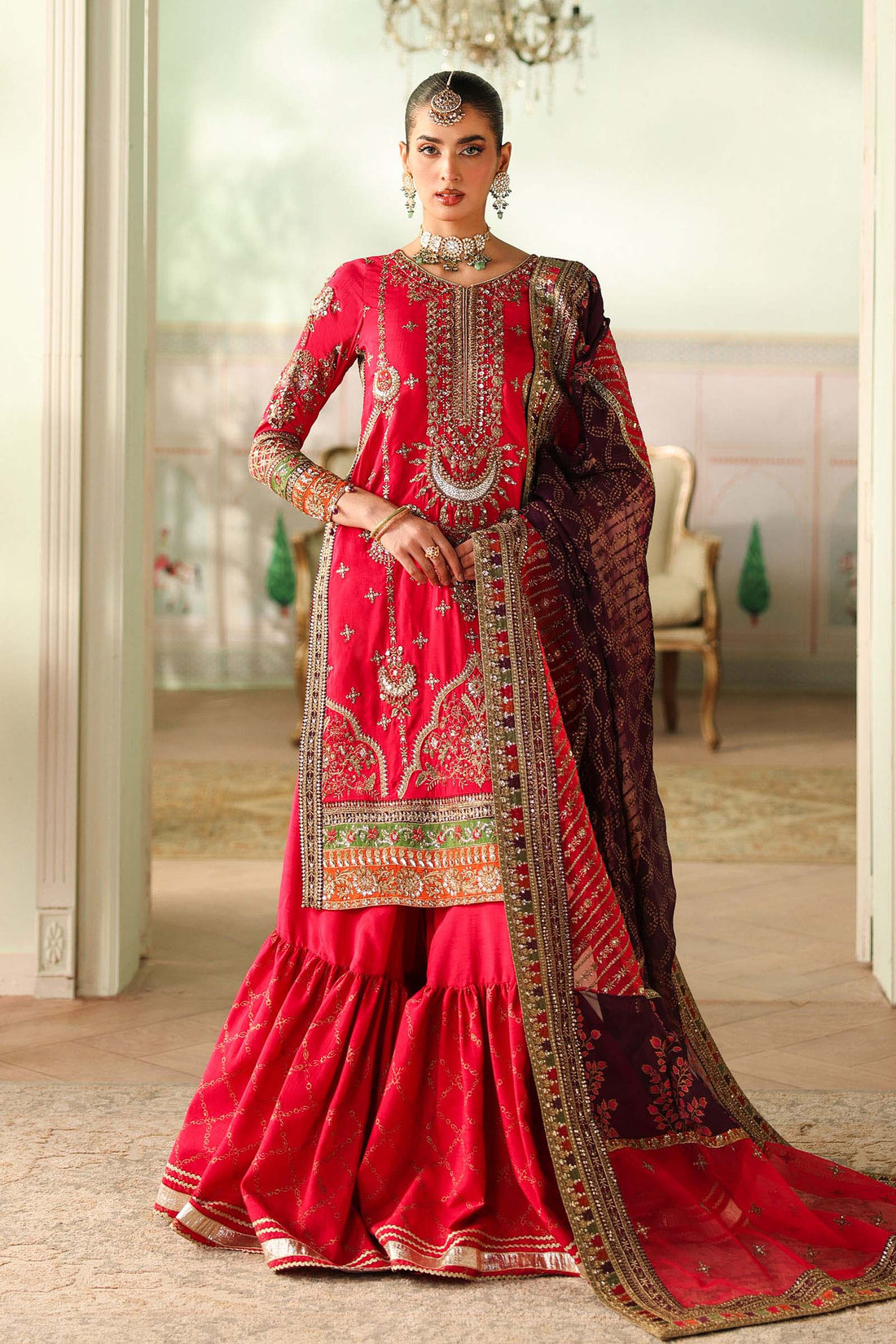Maria B | Pre Fall Dresses | 3 Piece Embroidered Bamber Raw Silk Suit Carrot Pink - Official Maria B stockist in UK - Sakeena London
