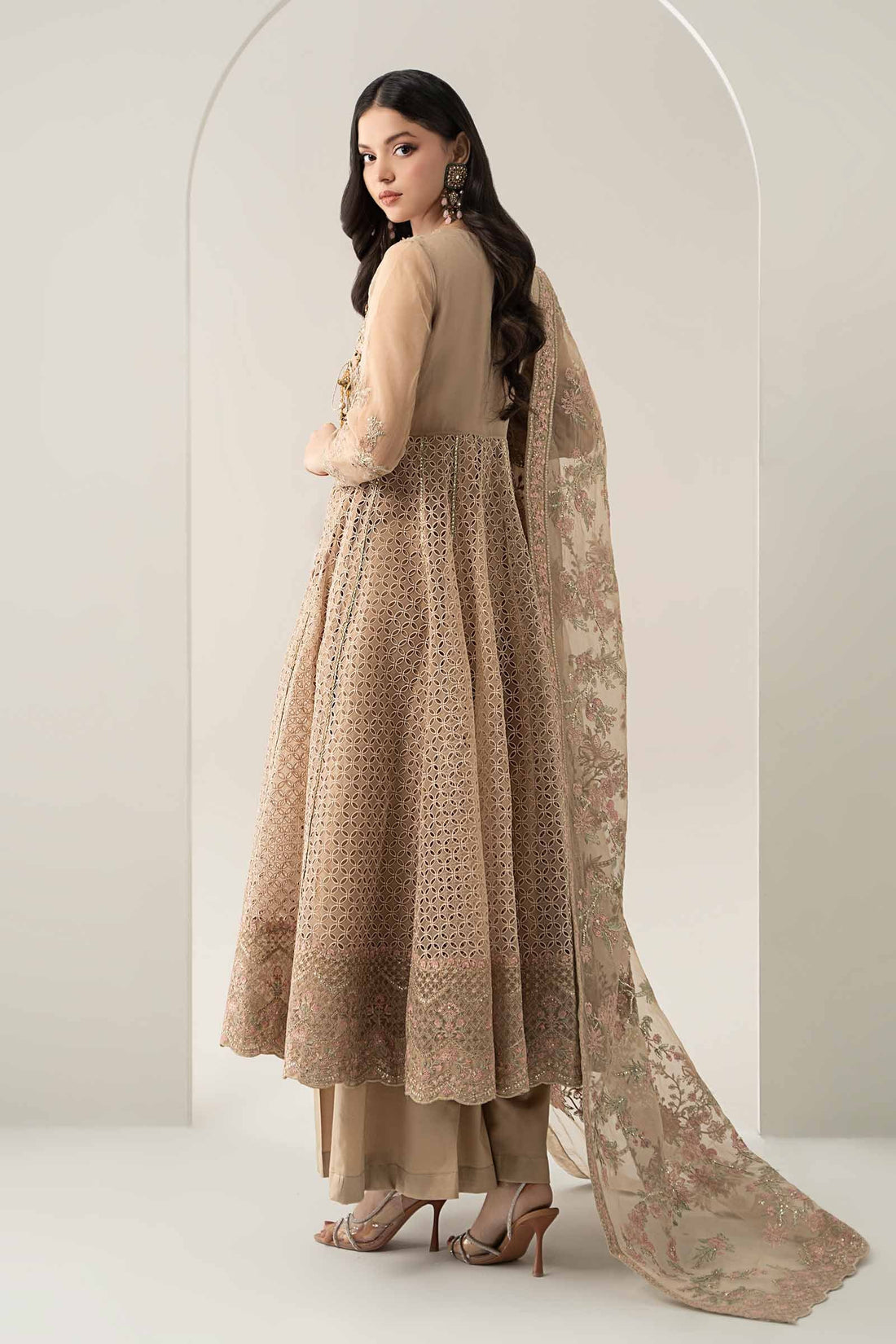 Maria B | Pre Fall Dresses | 3 Piece Embroidered Organza Suit Beige - Official Maria B stockist in UK - Sakeena London