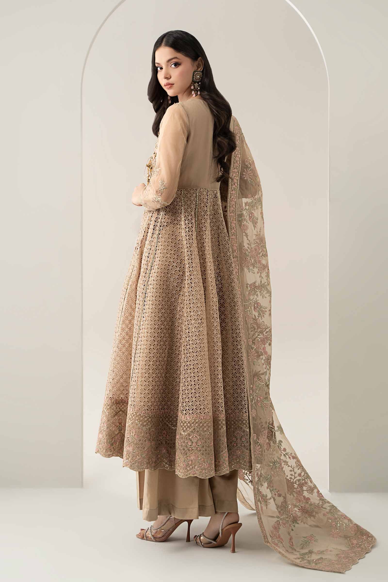 Maria B | Pre Fall Dresses | 3 Piece Embroidered Organza Suit Beige - Official Maria B stockist in UK - Sakeena London