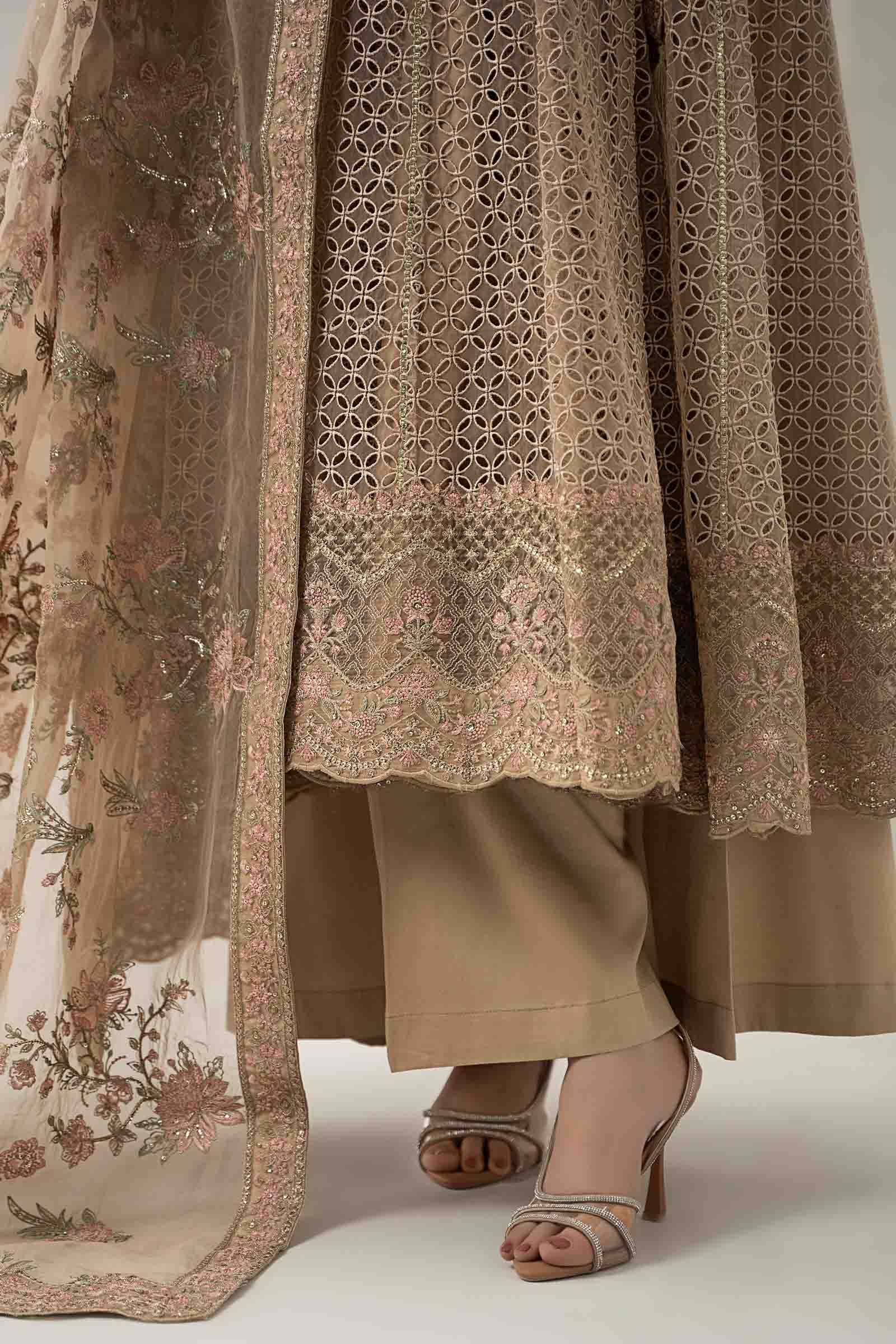 Maria B | Pre Fall Dresses | 3 Piece Embroidered Organza Suit Beige - Official Maria B stockist in UK - Sakeena London