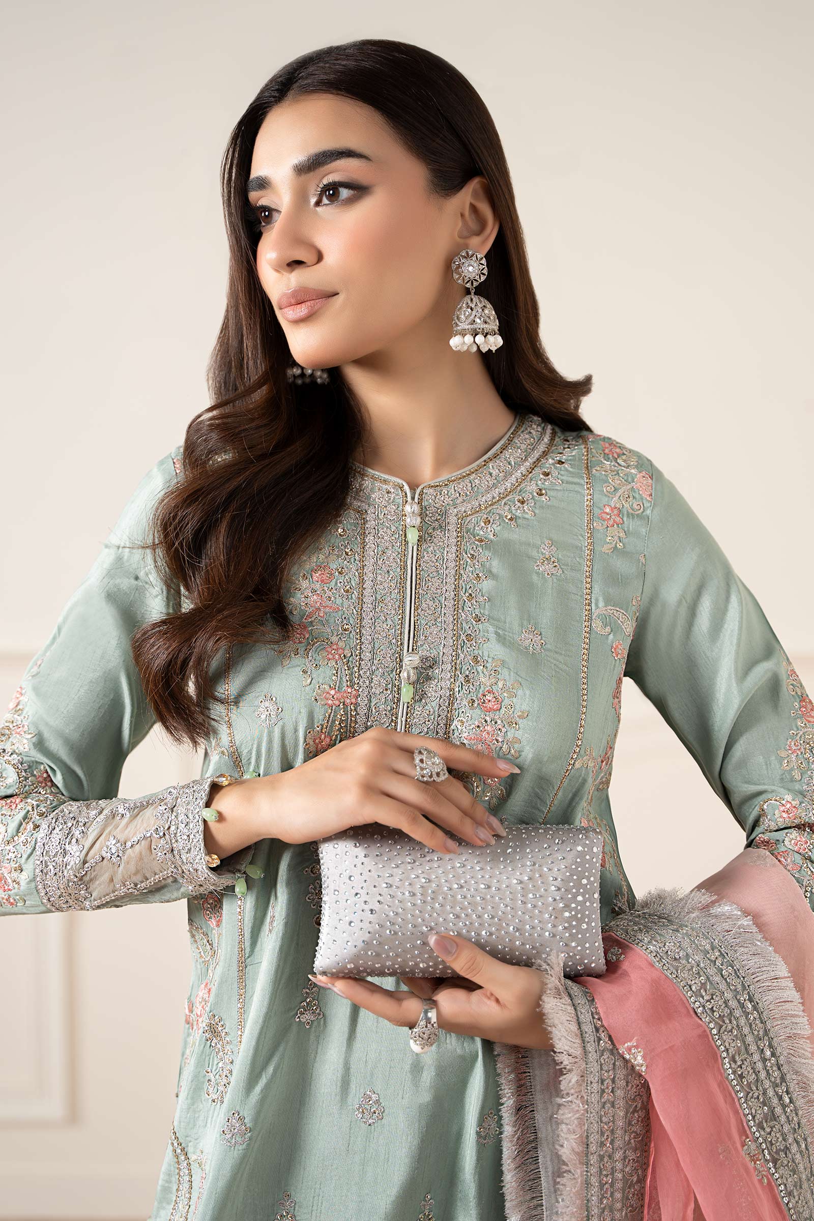 Maria B | Pre Fall Dresses | 3 Piece Embroidered Raw Silk Suit Sea Green - Official Maria B stockist in UK - Sakeena London