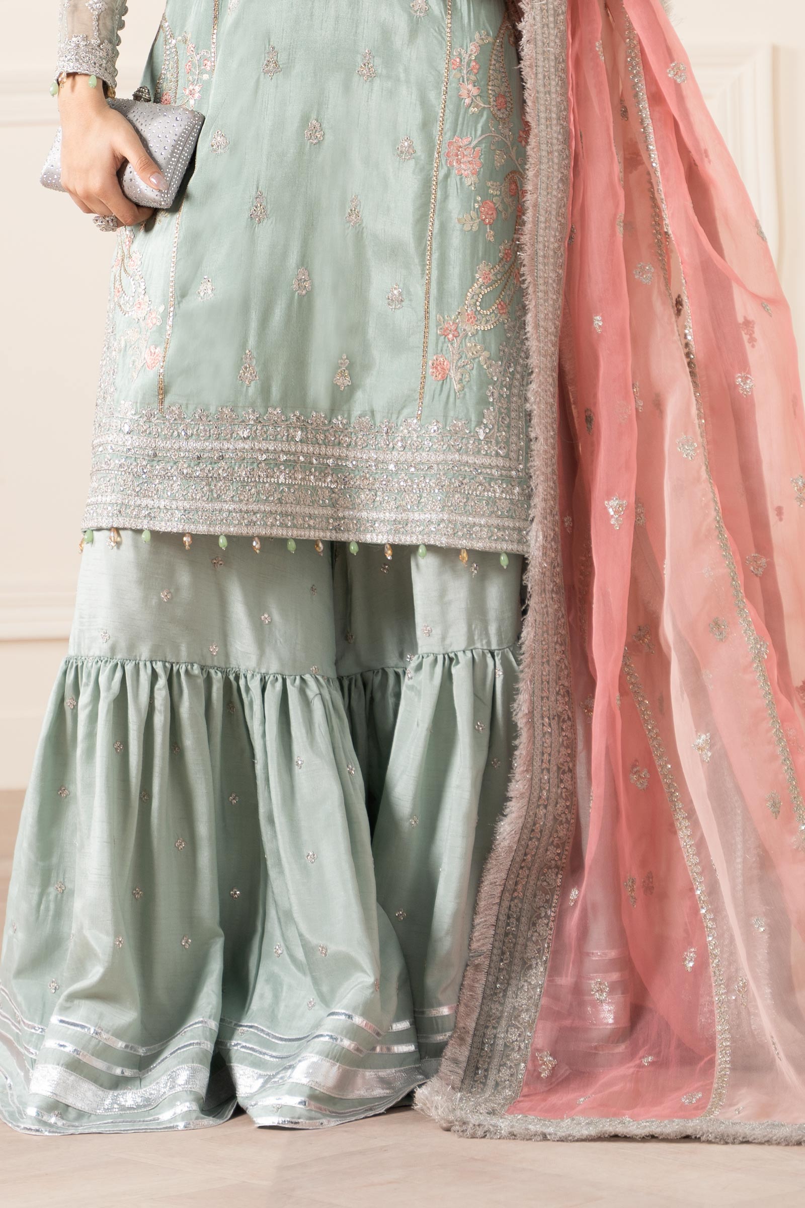 Maria B | Pre Fall Dresses | 3 Piece Embroidered Raw Silk Suit Sea Green - Official Maria B stockist in UK - Sakeena London