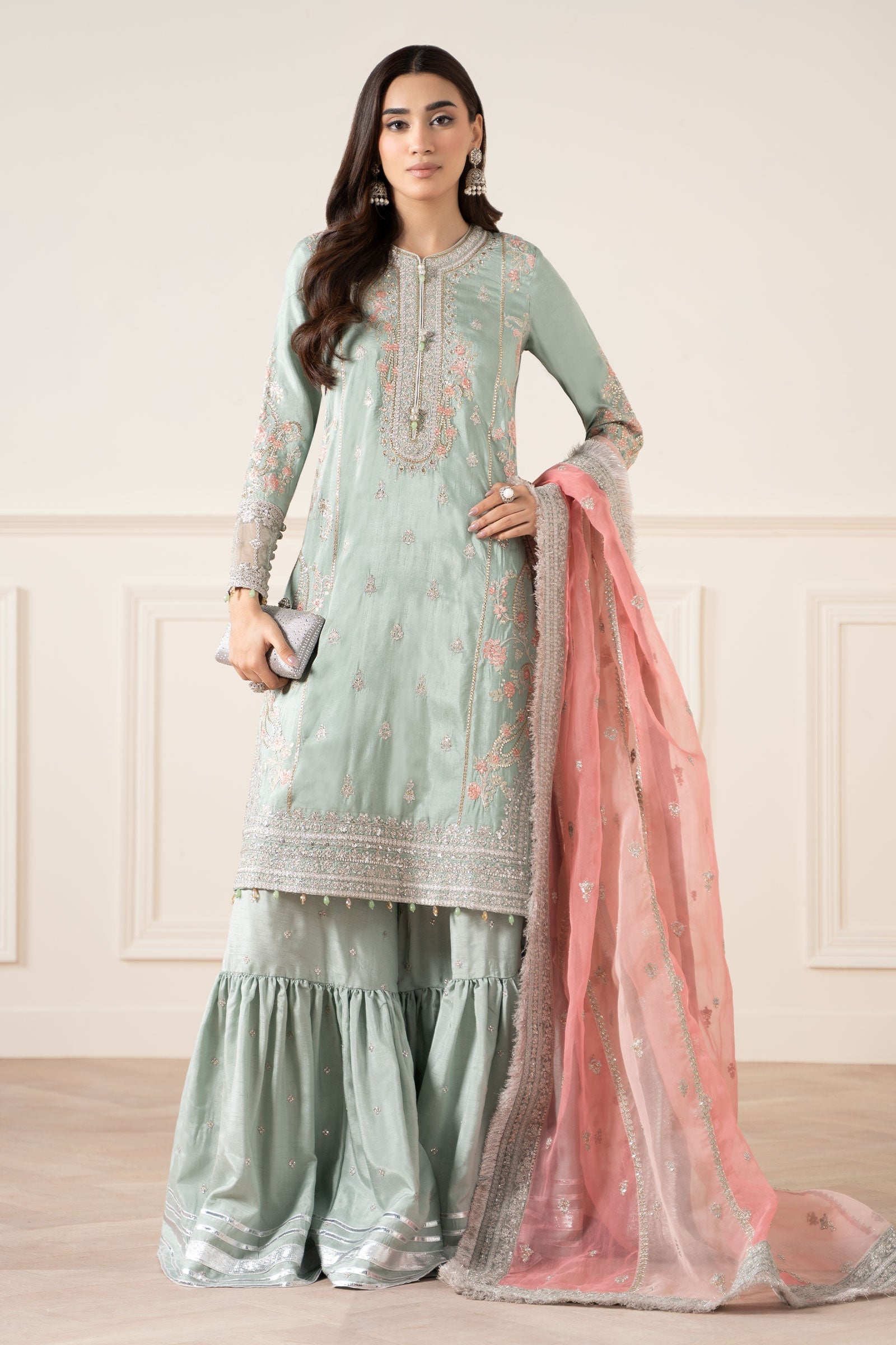 Maria B | Pre Fall Dresses | 3 Piece Embroidered Raw Silk Suit Sea Green - Official Maria B stockist in UK - Sakeena London