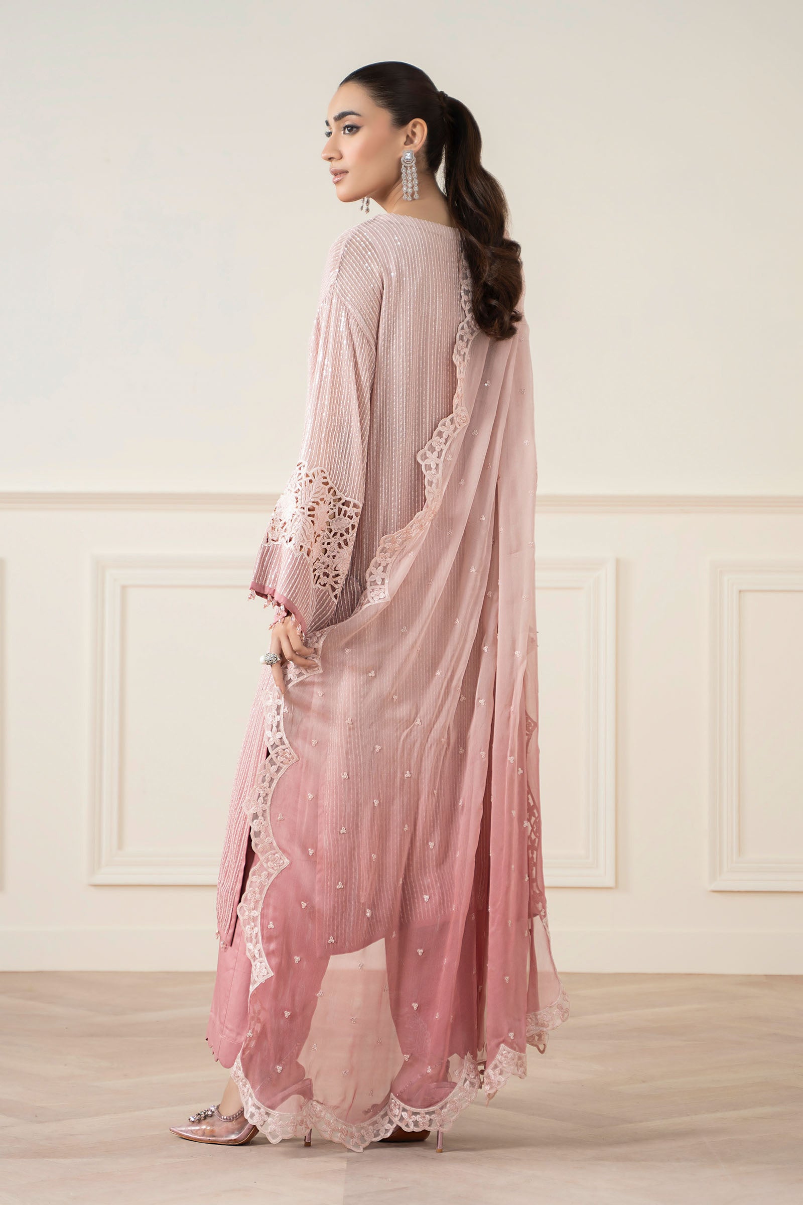 Maria B | Pre Fall Dresses | 3 Piece Embroidered Chiffon Suit Pink - Official Maria B stockist in UK - Sakeena London