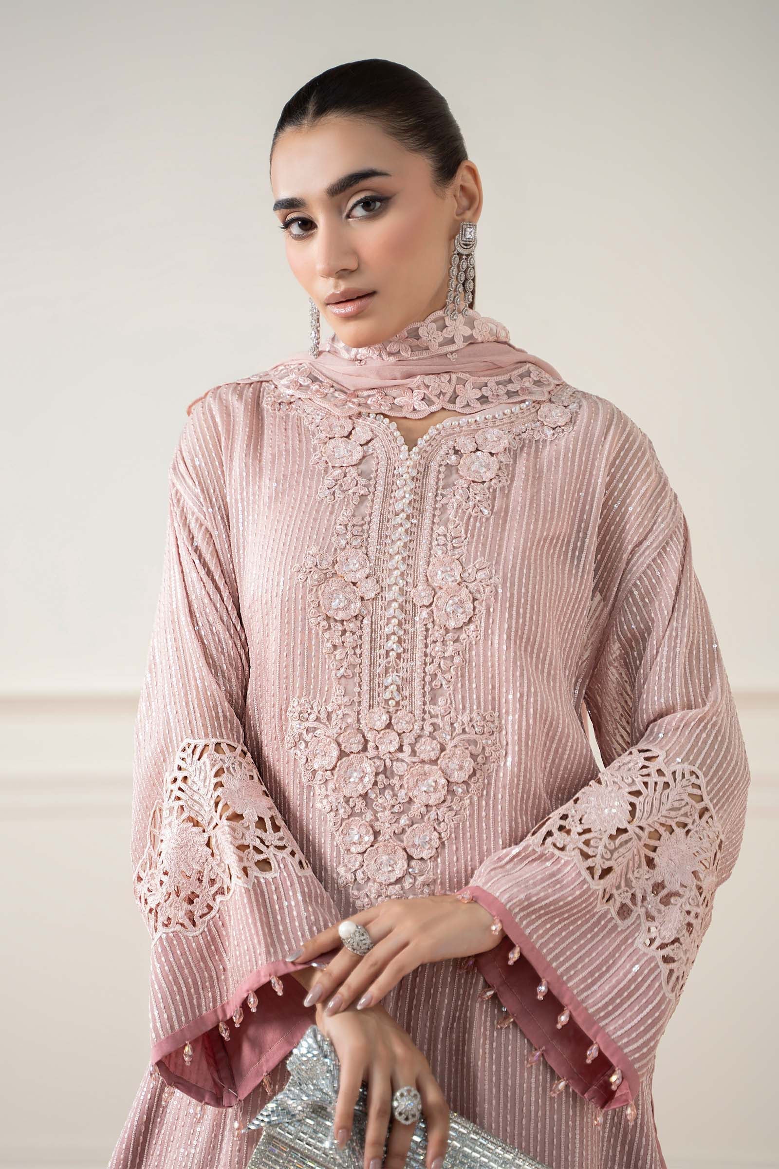 Maria B | Pre Fall Dresses | 3 Piece Embroidered Chiffon Suit Pink - Official Maria B stockist in UK - Sakeena London