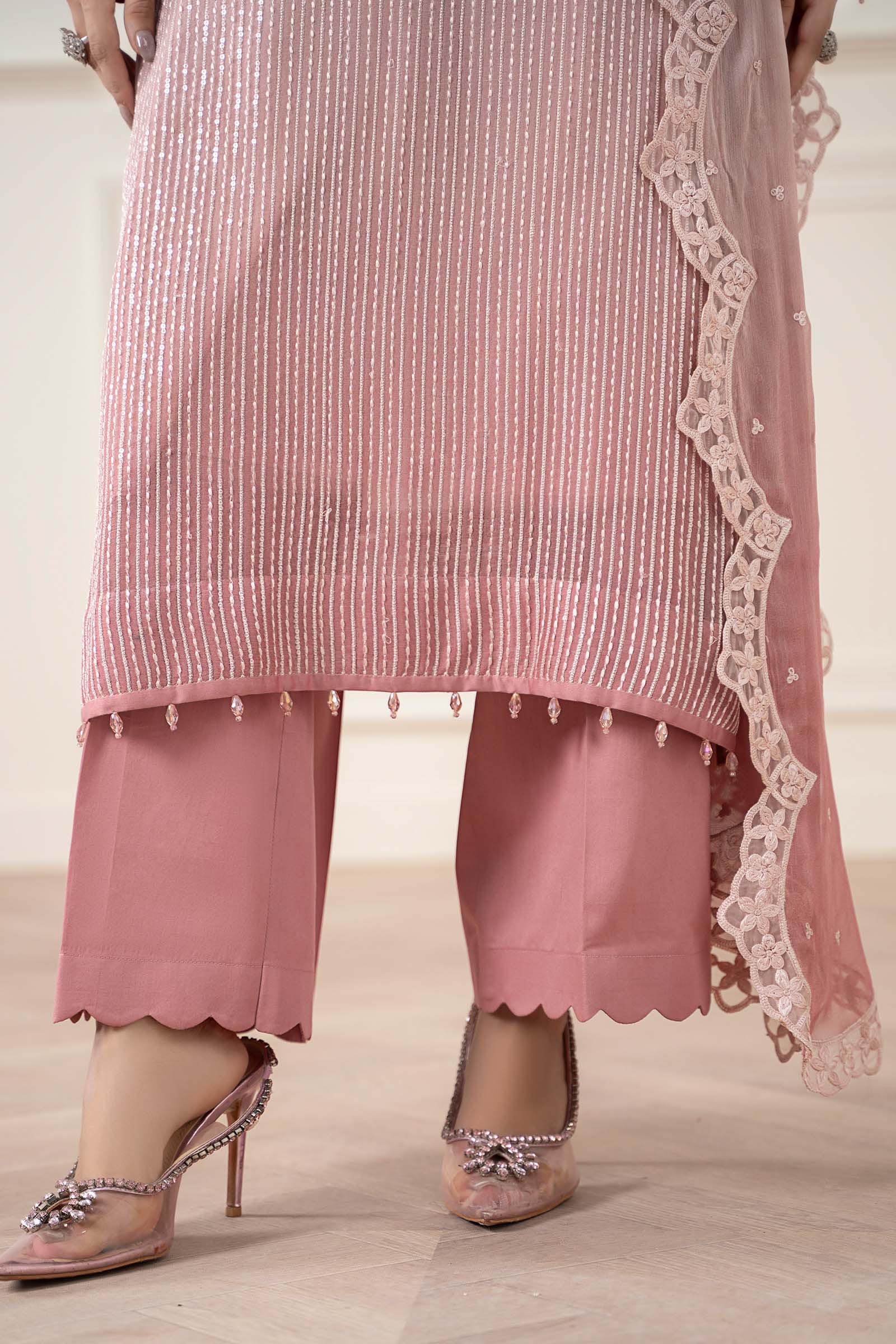 Maria B | Pre Fall Dresses | 3 Piece Embroidered Chiffon Suit Pink - Official Maria B stockist in UK - Sakeena London