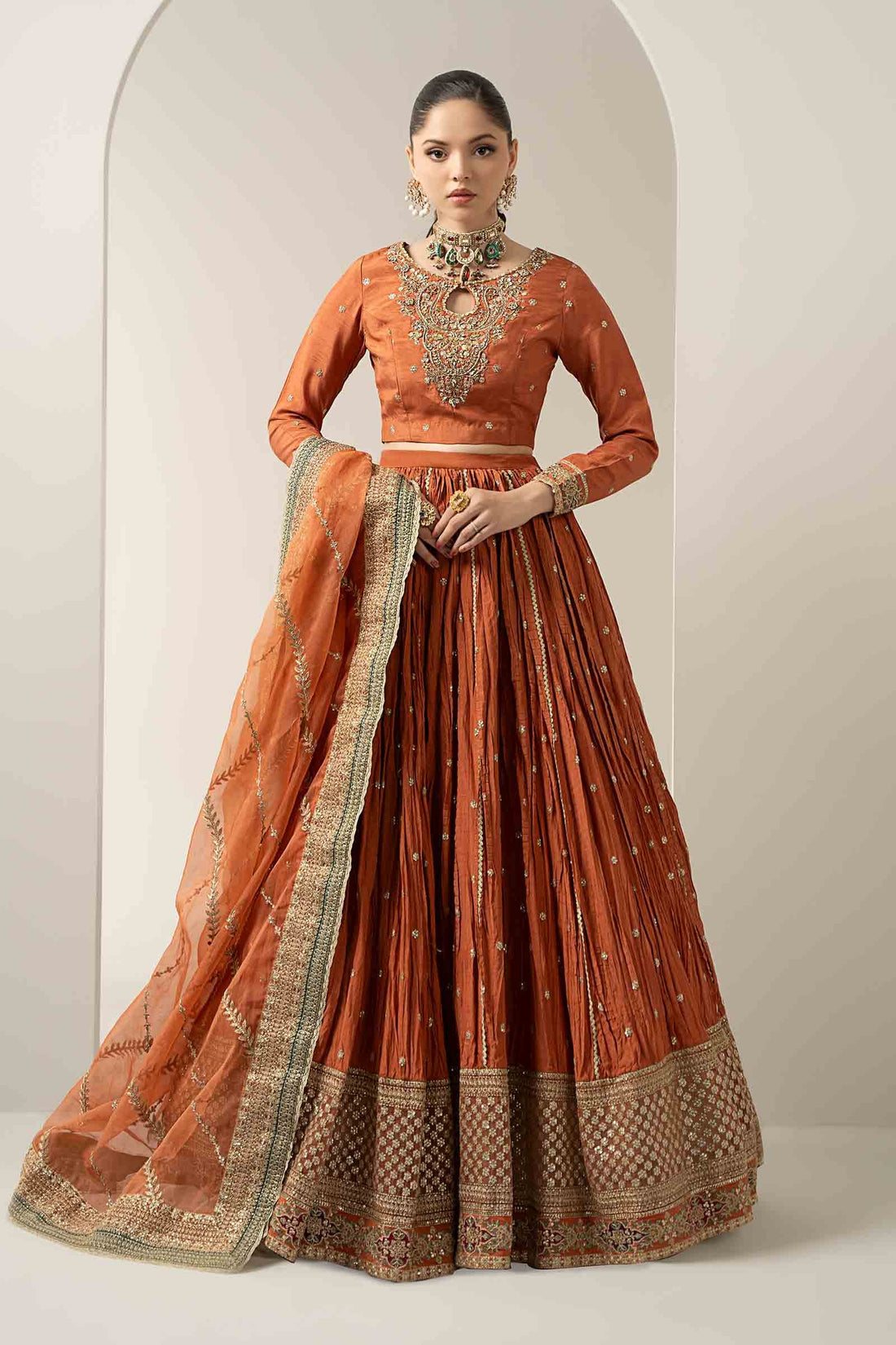 Maria B | Pre Fall Dresses | 3 Piece Embroidered Raw Silk Suit Rust - Official Maria B stockist in UK - Sakeena London