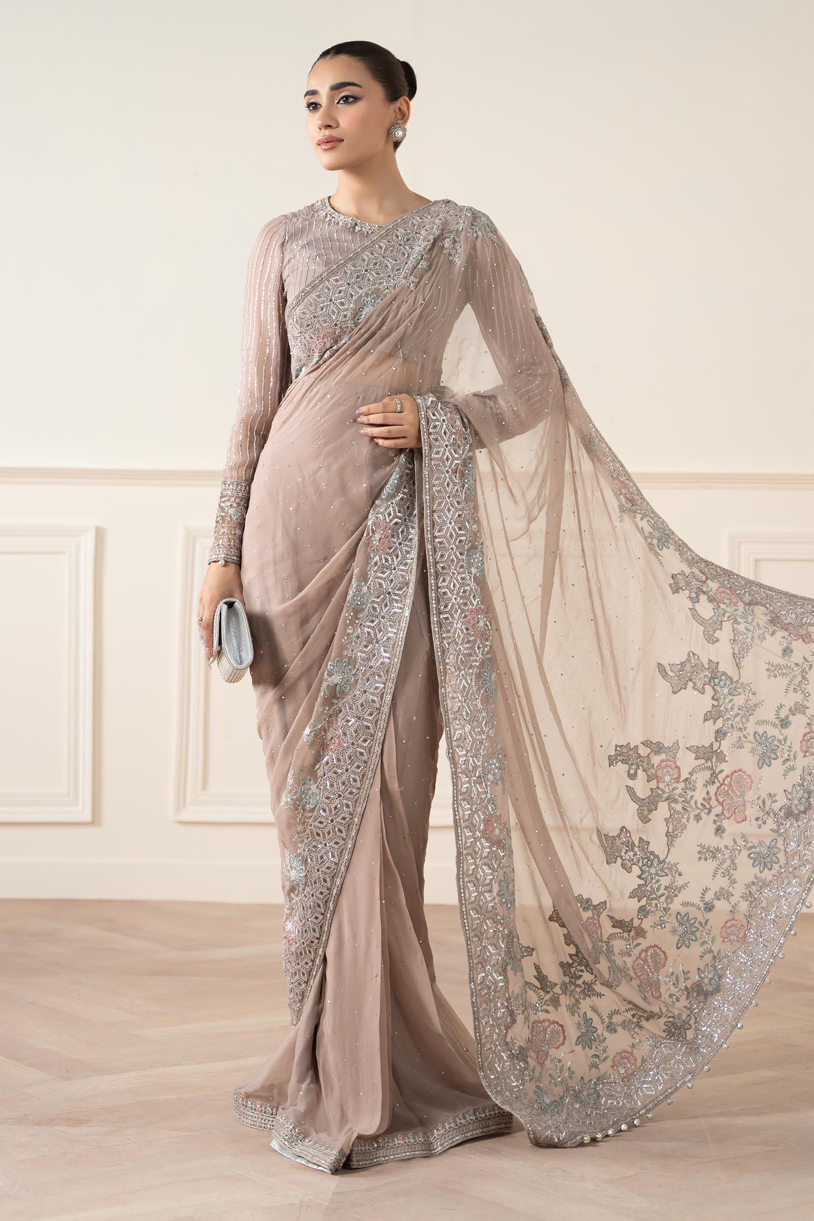 Maria B | Pre Fall Dresses | Embroidered Chiffon Saree FF - Official Maria B stockist in UK - Sakeena London