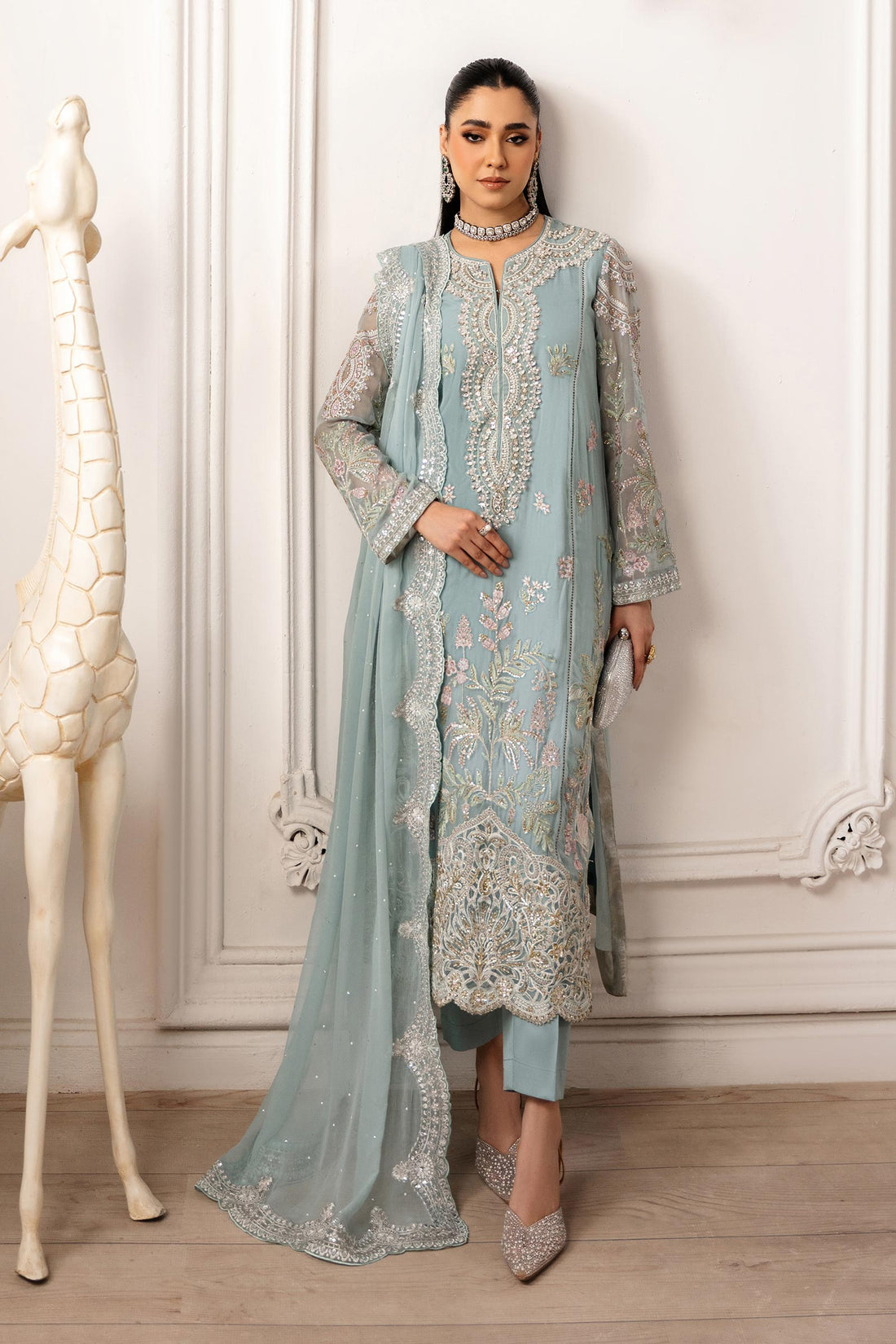 Maria B | Pre Fall Dresses | 3 Piece Embroidered Chiffon Suit Aqua Blue - Official Maria B stockist in UK - Sakeena London