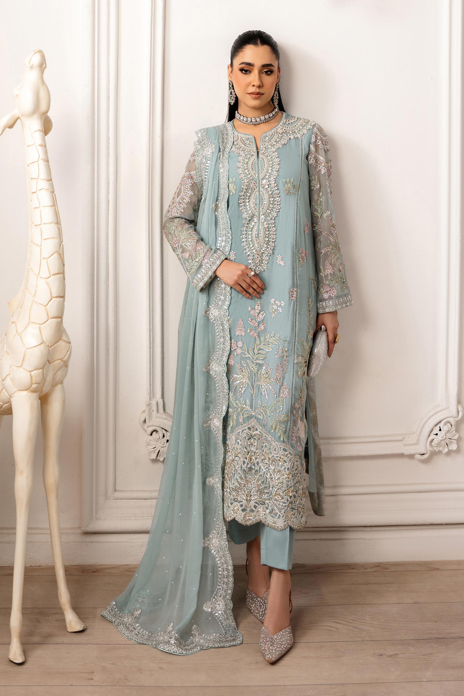 Maria B | Pre Fall Dresses | 3 Piece Embroidered Chiffon Suit Aqua Blue - Official Maria B stockist in UK - Sakeena London