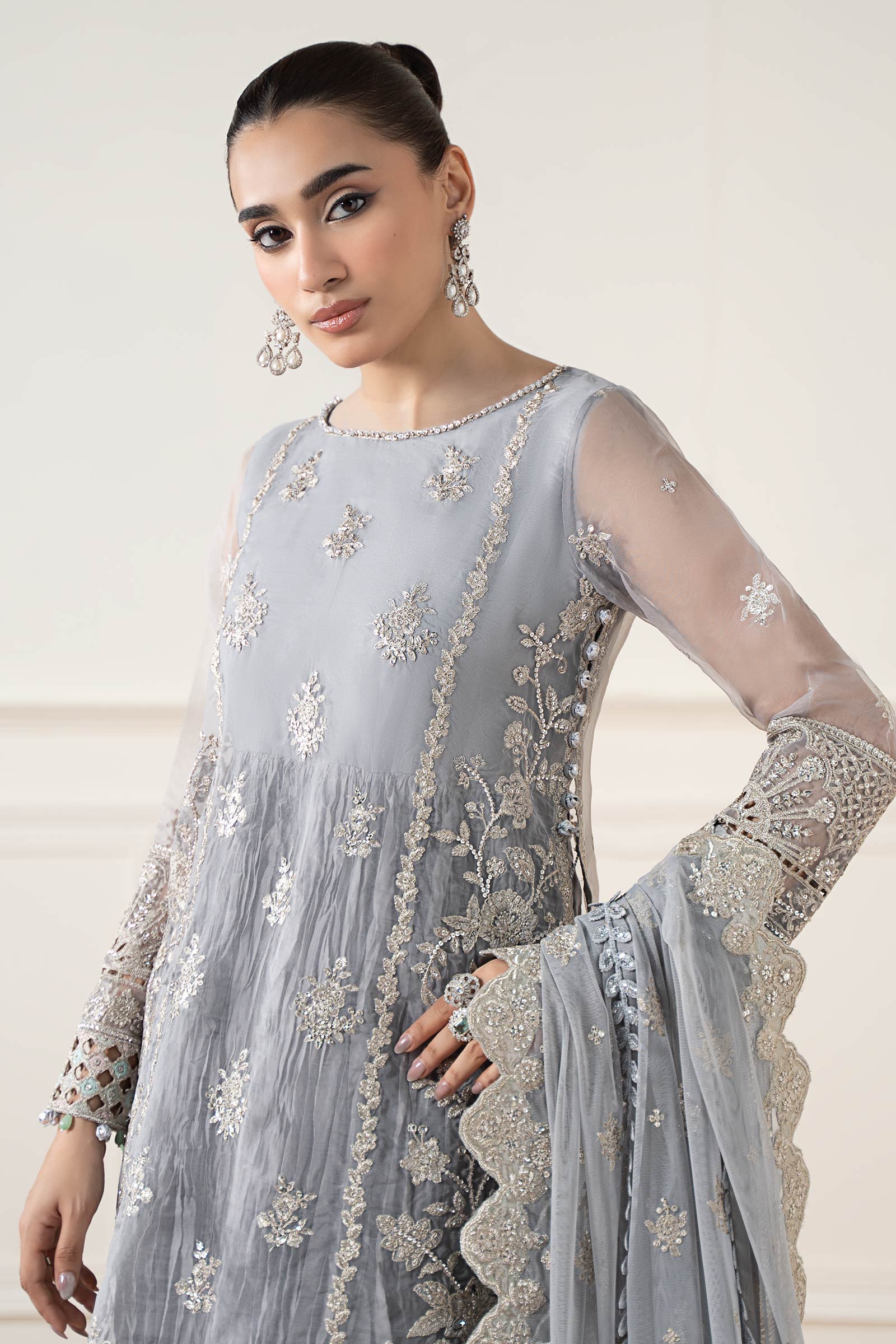 Maria B | Pre Fall Dresses | 3 Piece Embroidered Organza Suit Gray - Official Maria B stockist in UK - Sakeena London