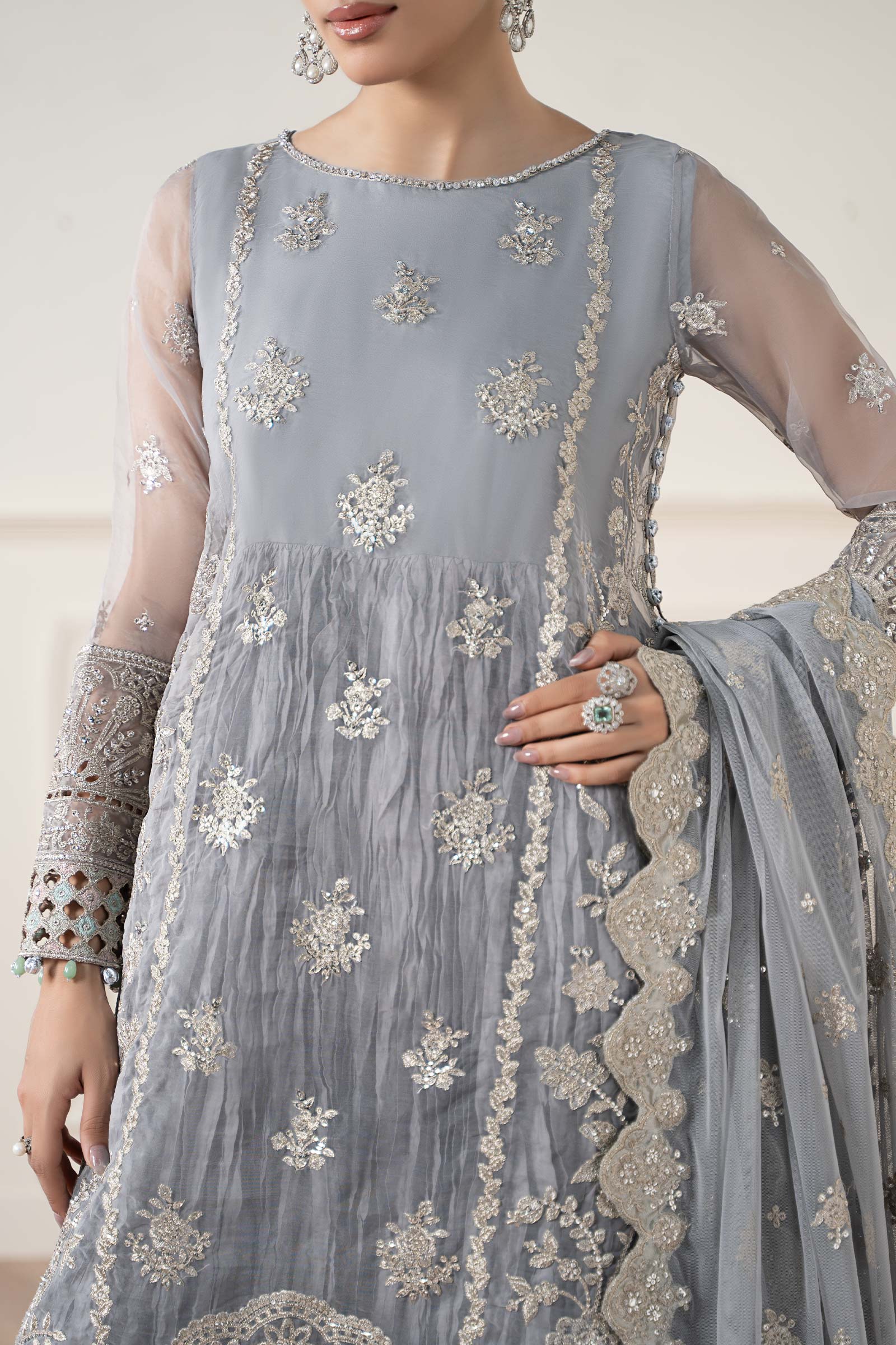 Maria B | Pre Fall Dresses | 3 Piece Embroidered Organza Suit Gray - Official Maria B stockist in UK - Sakeena London
