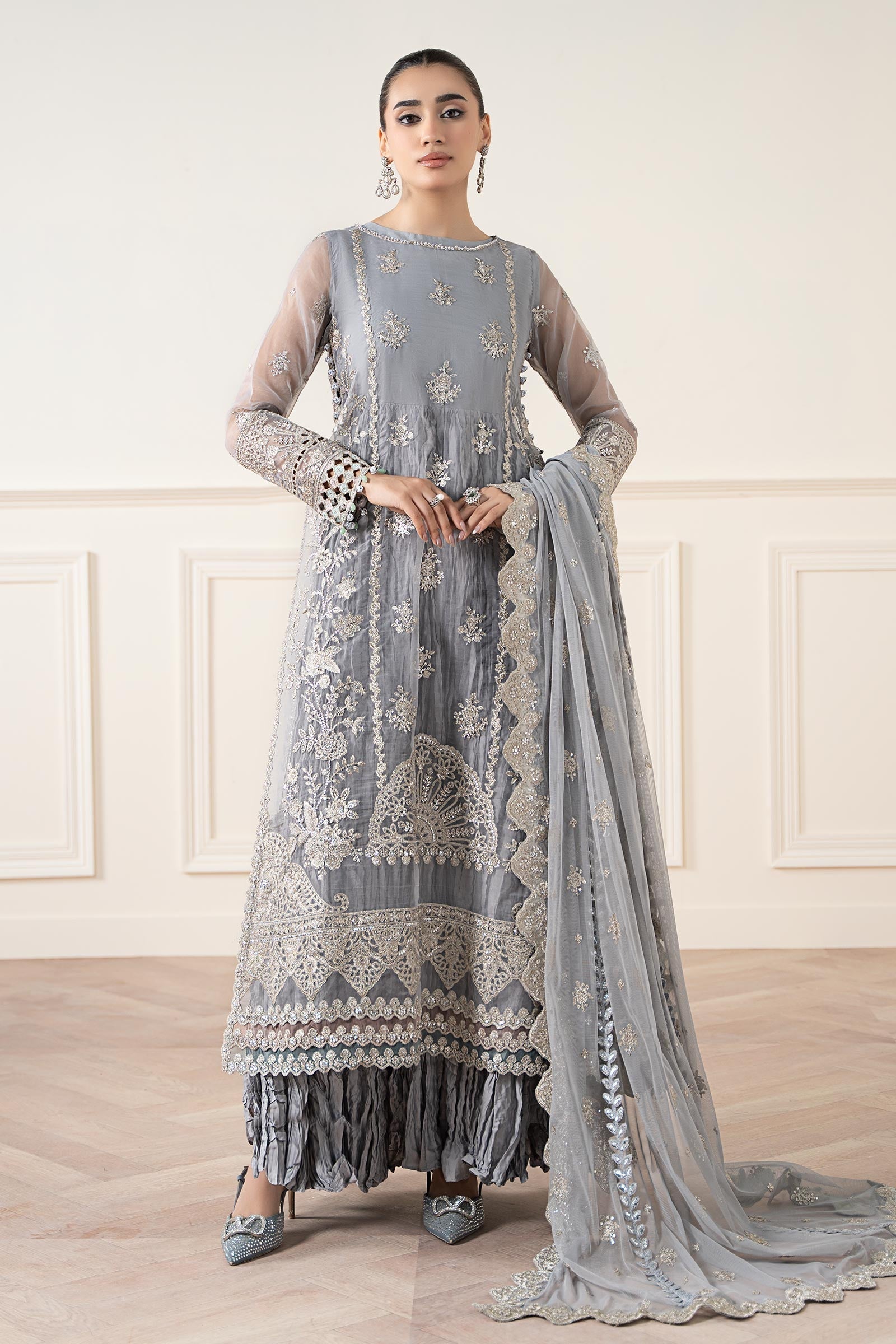 Maria B | Pre Fall Dresses | 3 Piece Embroidered Organza Suit Gray - Official Maria B stockist in UK - Sakeena London
