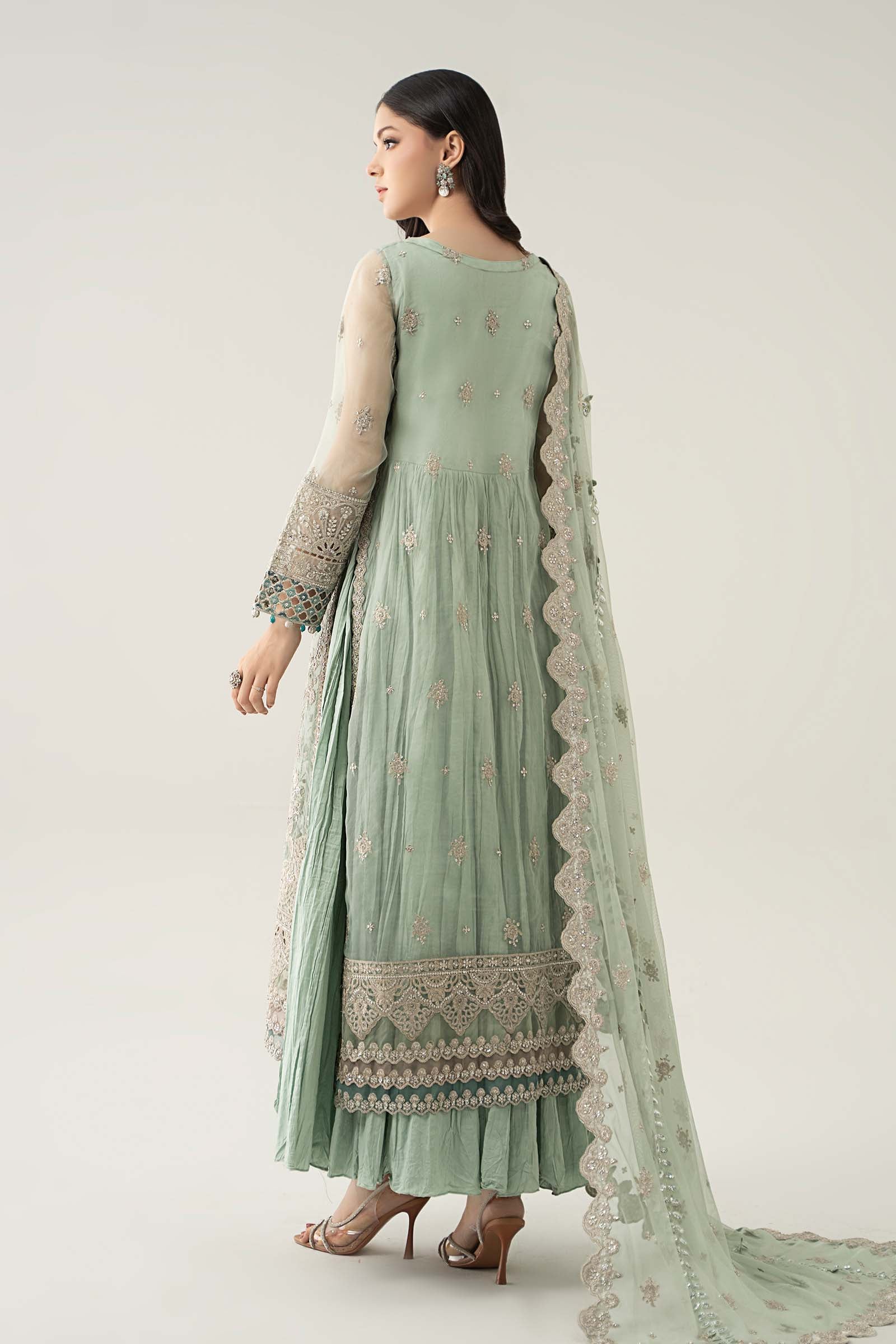 Maria B | Pre Fall Dresses | 3 Piece Embroidered Organza Suit Sea Green - Official Maria B stockist in UK - Sakeena London
