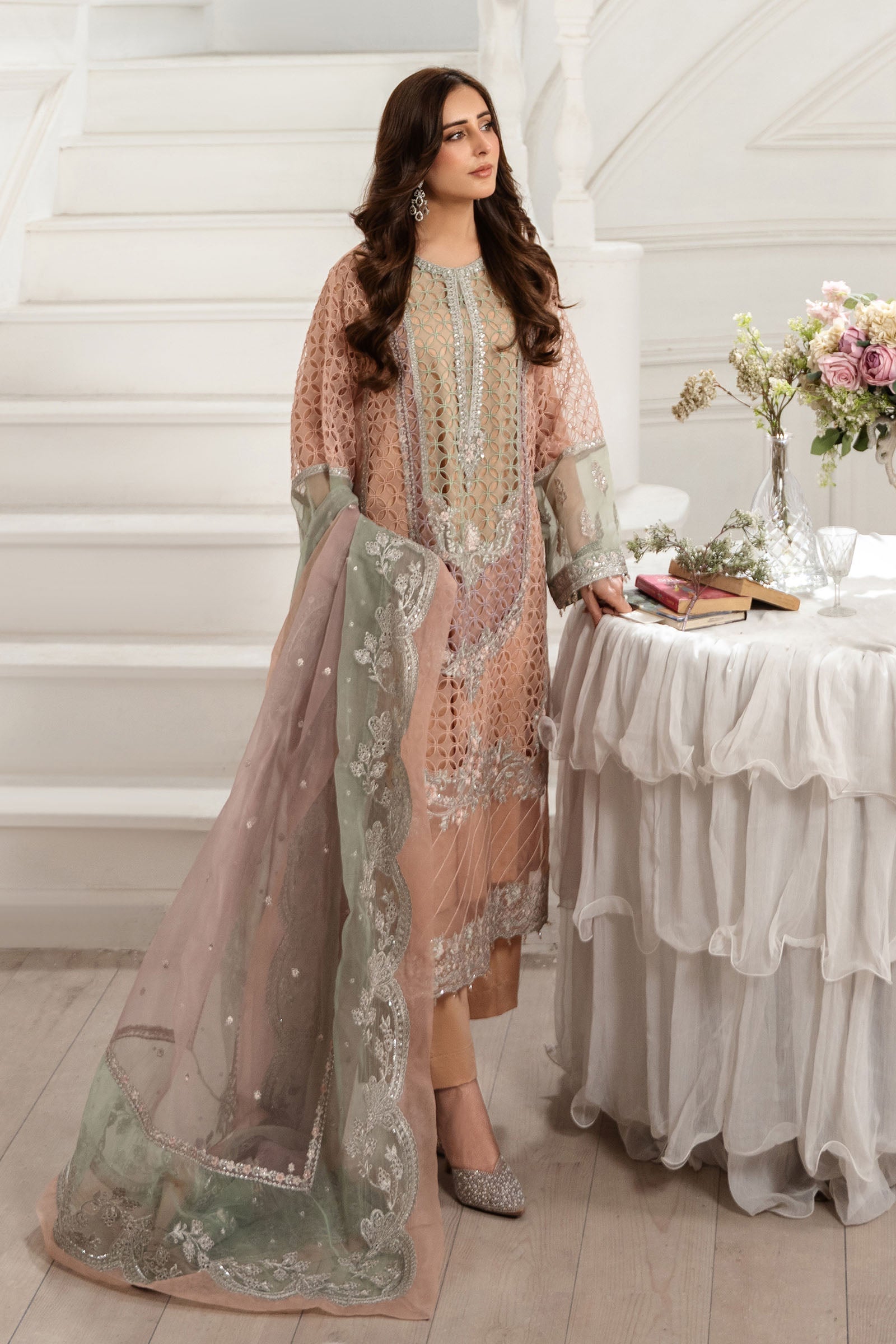 Maria B | Pre Fall Dresses | 3 Piece Embroidered Organza Suit Peach - Official Maria B stockist in UK - Sakeena London