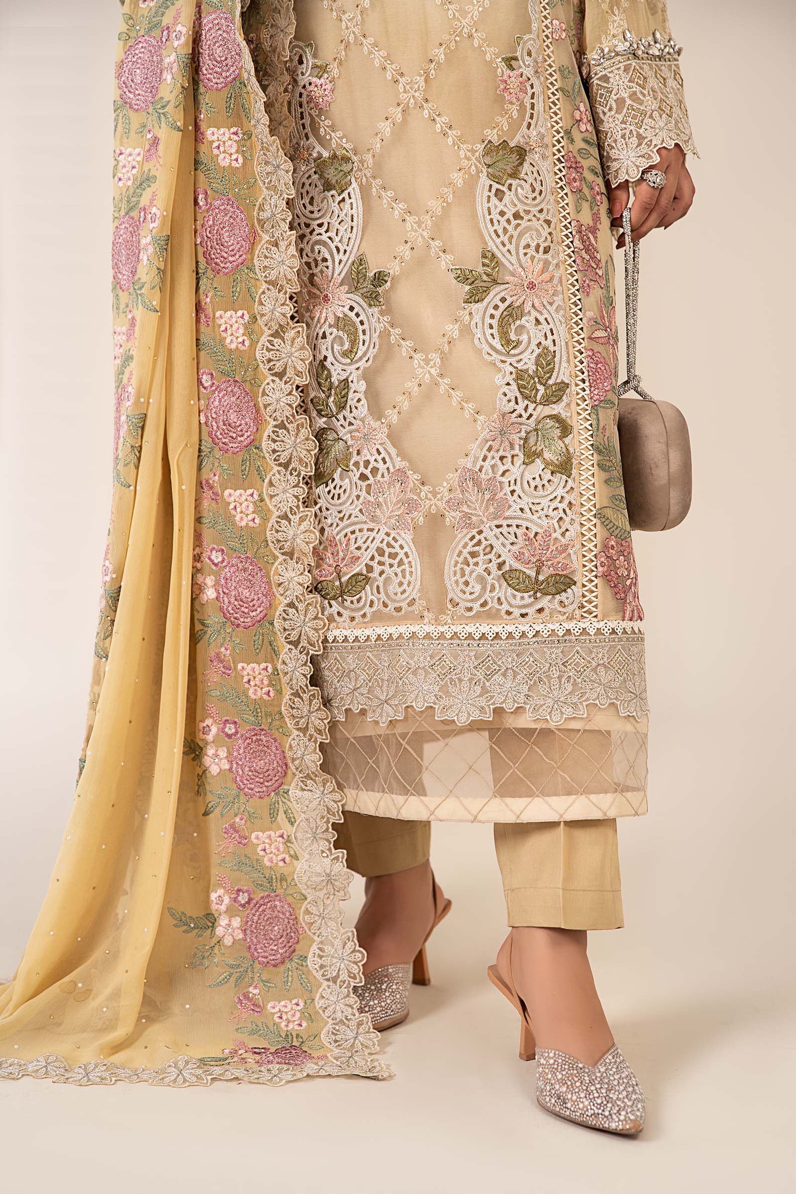 Maria B | Pre Fall Dresses | 3 Piece Embroidered Chiffon Suit Yellow - Official Maria B stockist in UK - Sakeena London