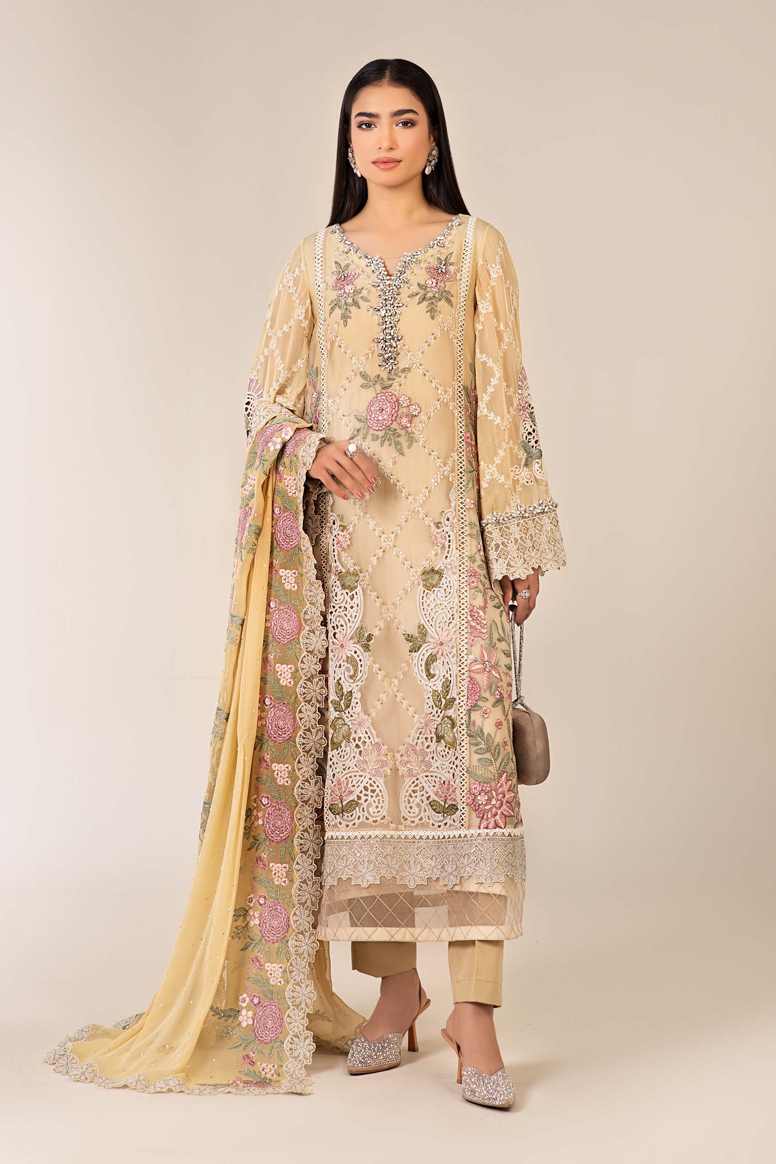 Maria B | Pre Fall Dresses | 3 Piece Embroidered Chiffon Suit Yellow - Official Maria B stockist in UK - Sakeena London