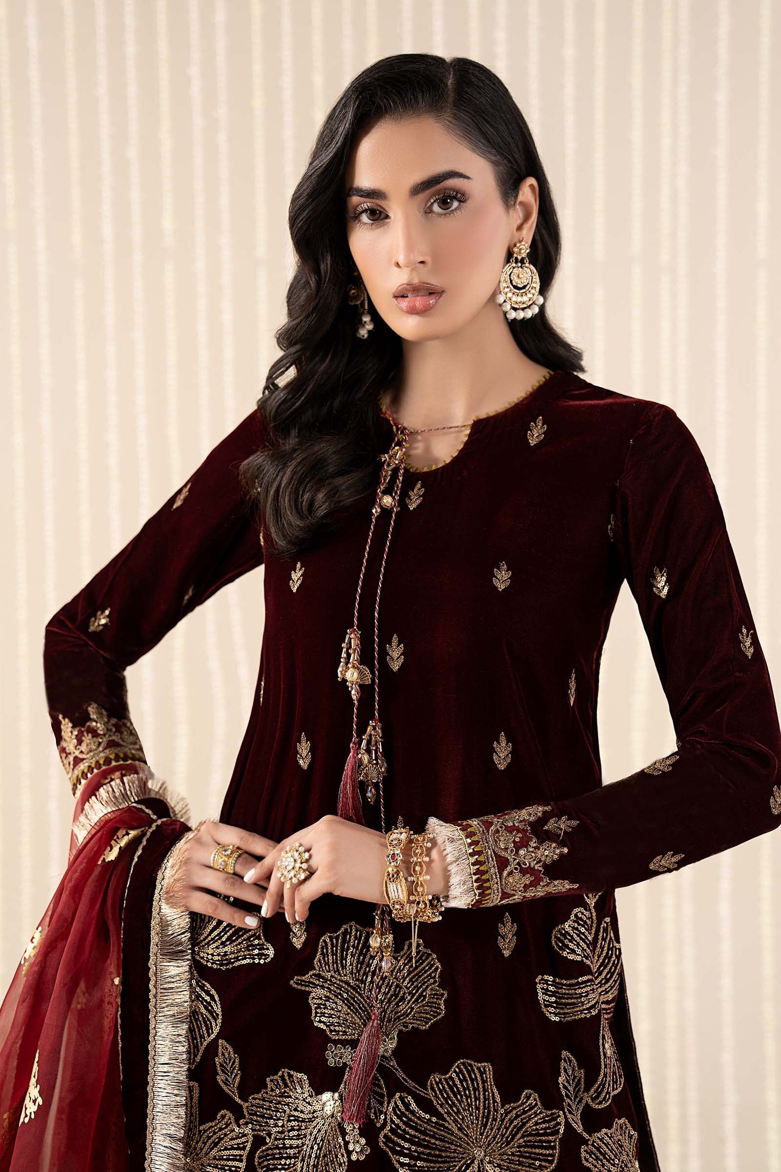 Maria B | Pre Fall 25 | SF-W25-43-Maroon - Official Maria B stockist in UK - Sakeena London
