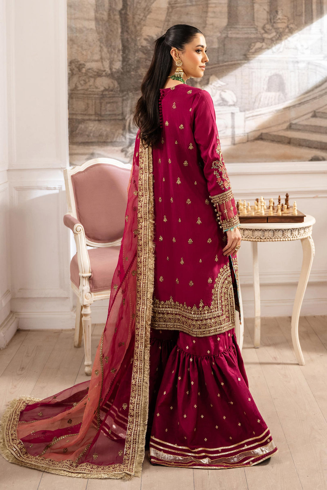 Maria B | Pre Fall Dresses | 3 Piece Embroidered Raw Silk Suit Redish Pink - Official Maria B stockist in UK - Sakeena London