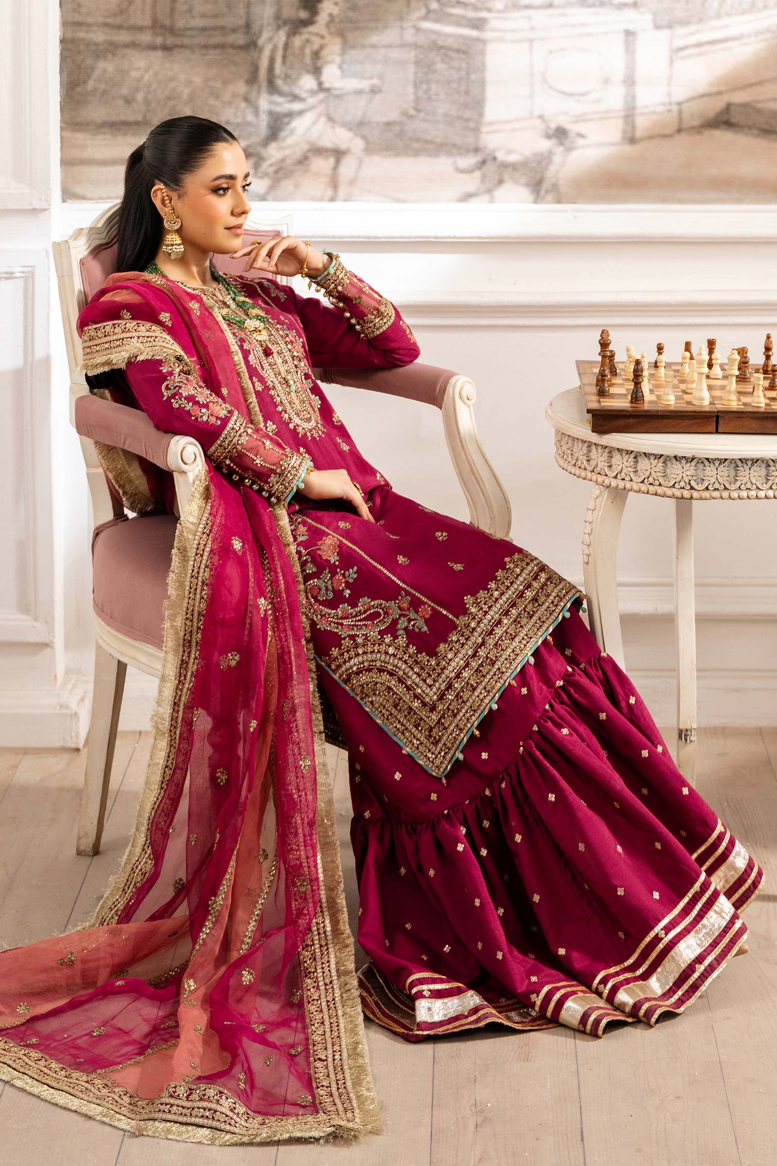Maria B | Pre Fall Dresses | 3 Piece Embroidered Raw Silk Suit Redish Pink - Official Maria B stockist in UK - Sakeena London