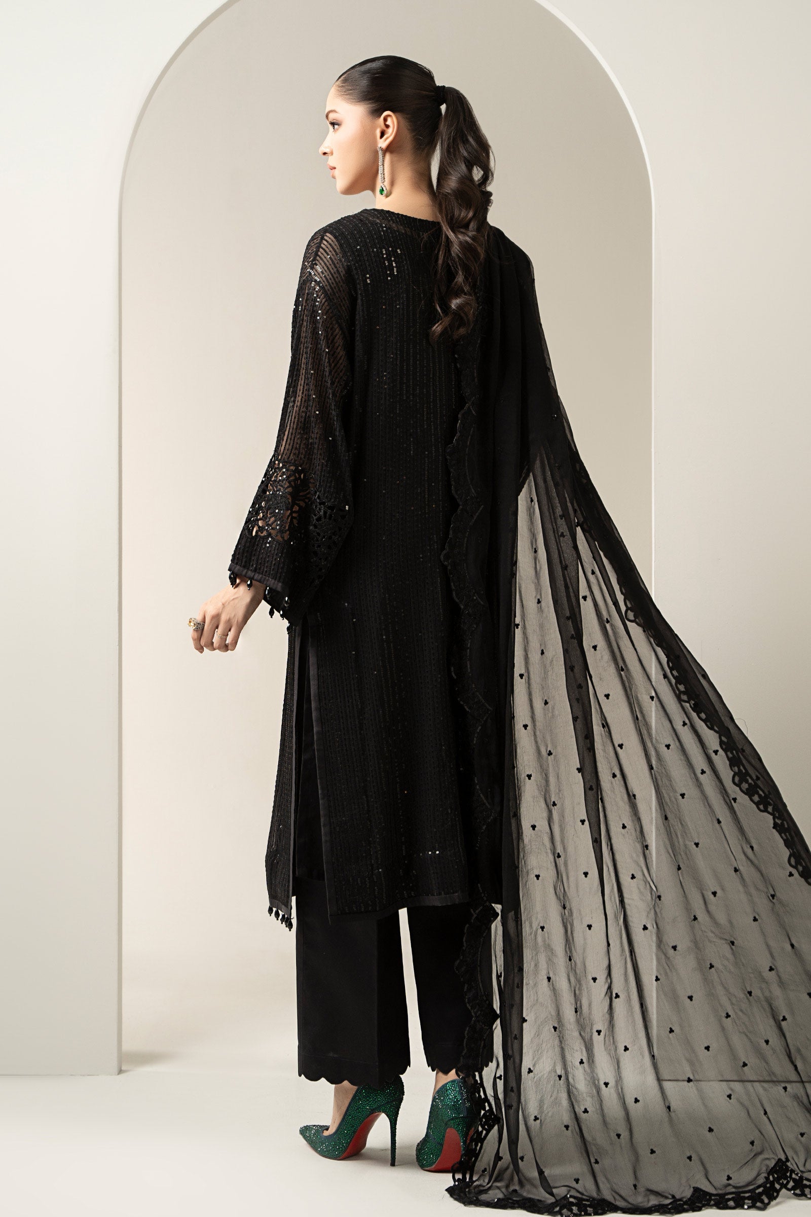 Maria B | Pre Fall Dresses | 3 Piece Embroidered Chiffon Suit Black - Official Maria B stockist in UK - Sakeena London