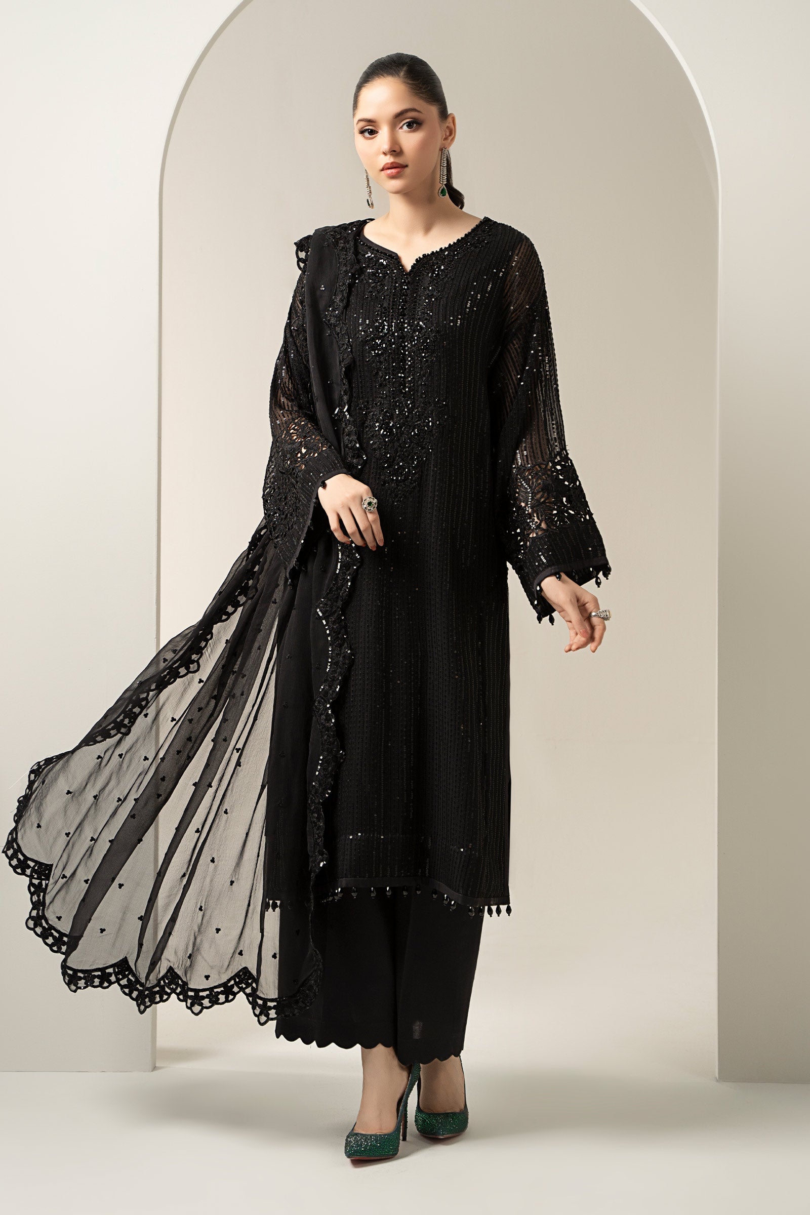 Maria B | Pre Fall Dresses | 3 Piece Embroidered Chiffon Suit Black - Official Maria B stockist in UK - Sakeena London