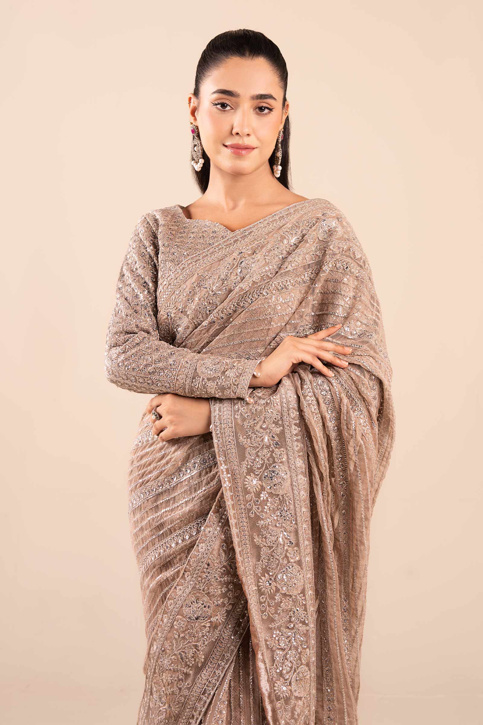 Maria B | Pre Fall Dresses | Embroidered Net Saree Light Skin - Official Maria B stockist in UK - Sakeena London
