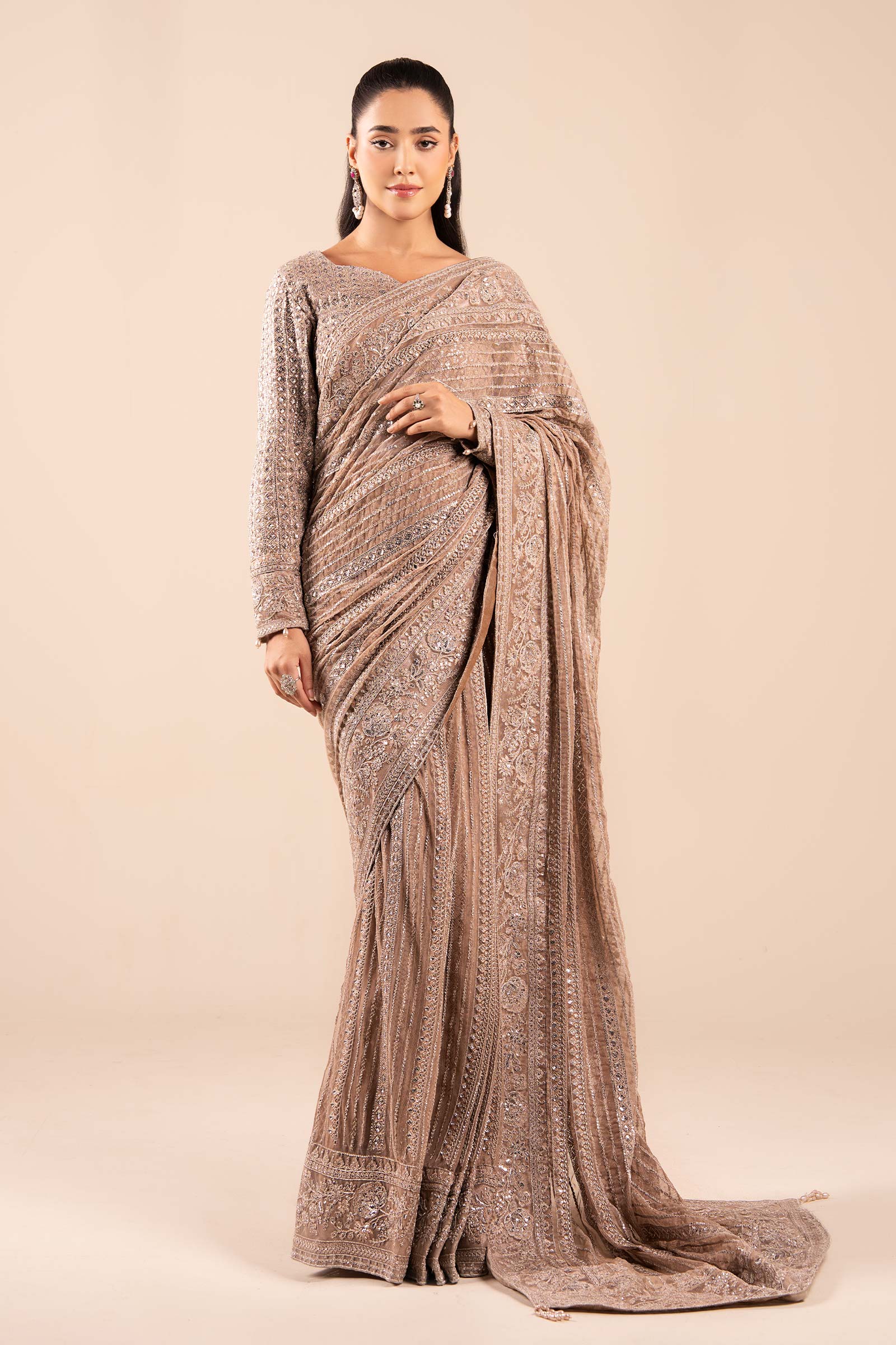 Maria B | Pre Fall Dresses | Embroidered Net Saree Light Skin - Official Maria B stockist in UK - Sakeena London