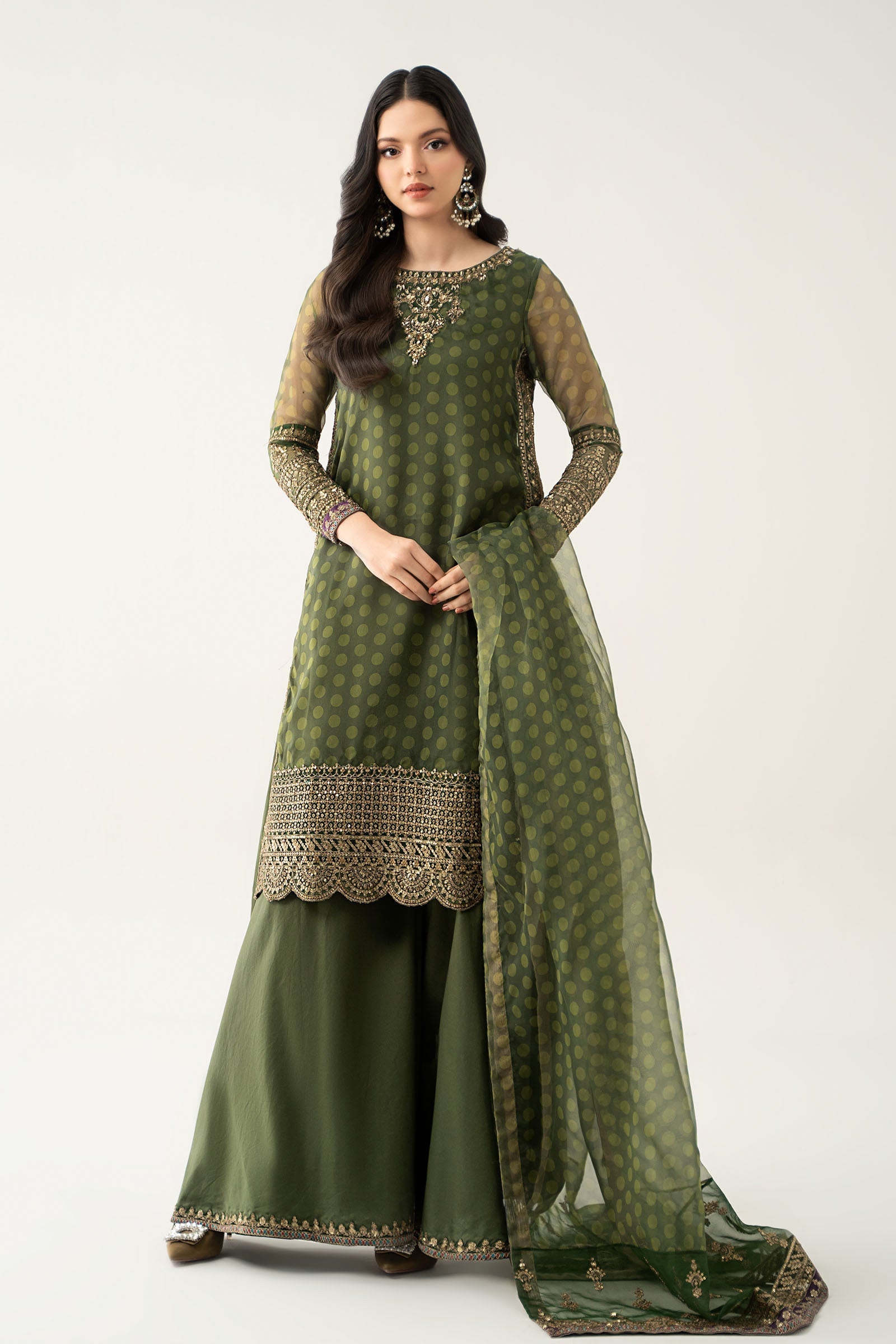 Maria B | Pre Fall Dresses | 3 Piece Embroidered Suit Deep Olive Green - Official Maria B stockist in UK - Sakeena London