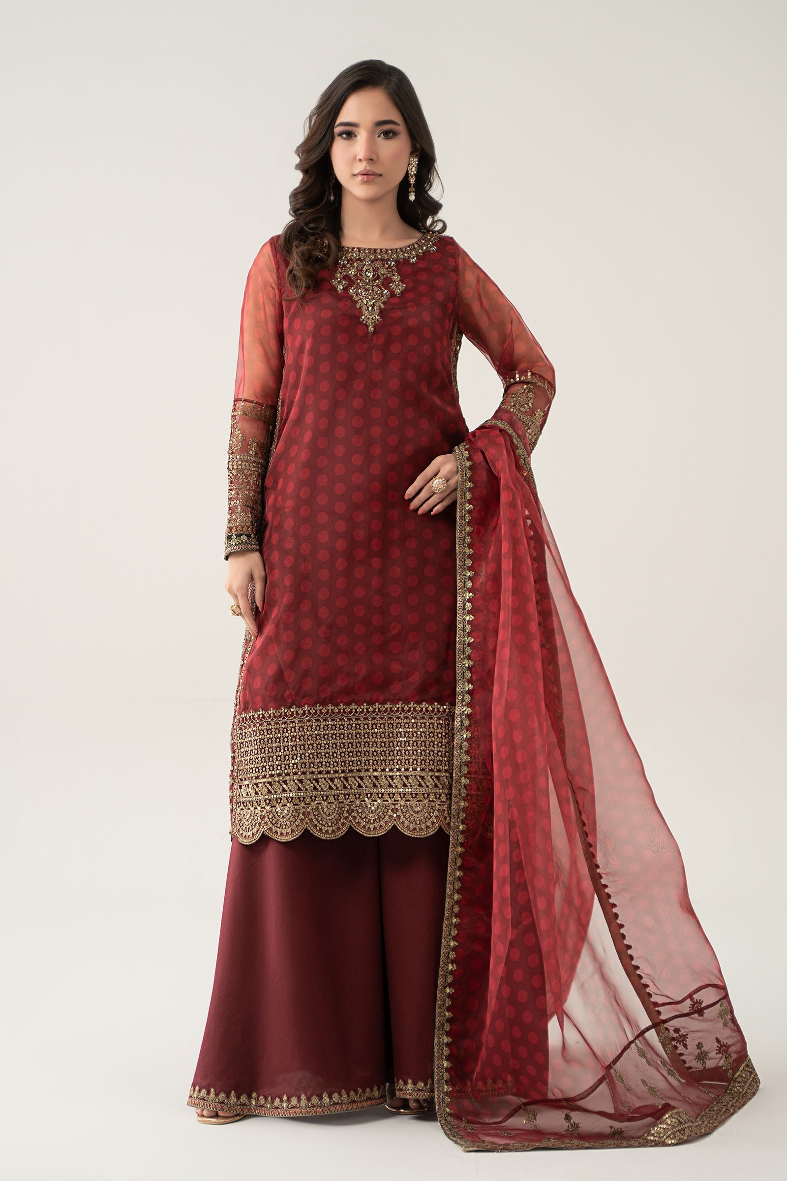 Maria B | Pre Fall Dresses | 3 Piece Embroidered Suit Marron - Official Maria B stockist in UK - Sakeena London