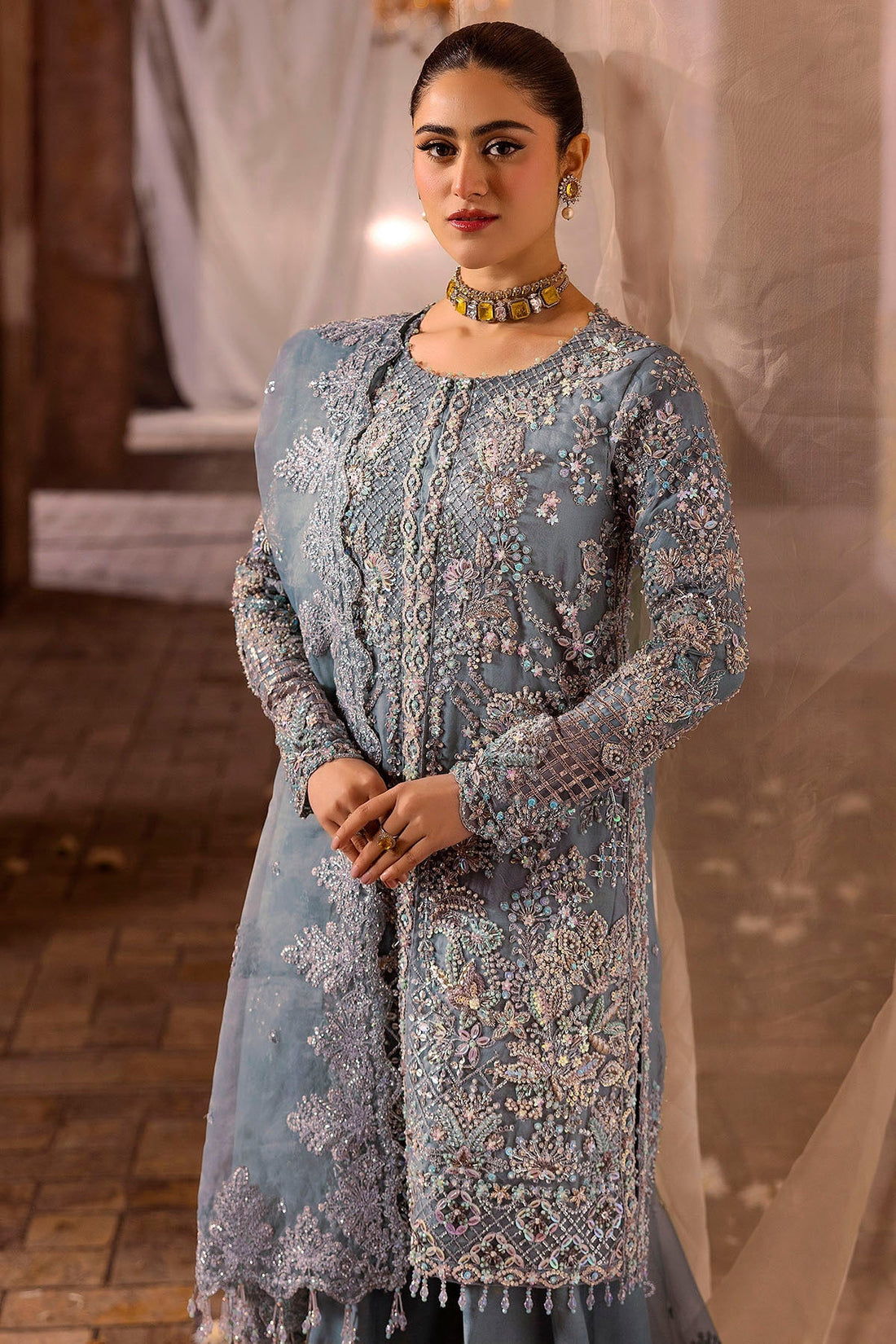 Motifz | Bridal Couture | 0014-FIROZEH EMBROIDERED ORGANZA STITCHED - Official Motifz stockist in UK - Sakeena London