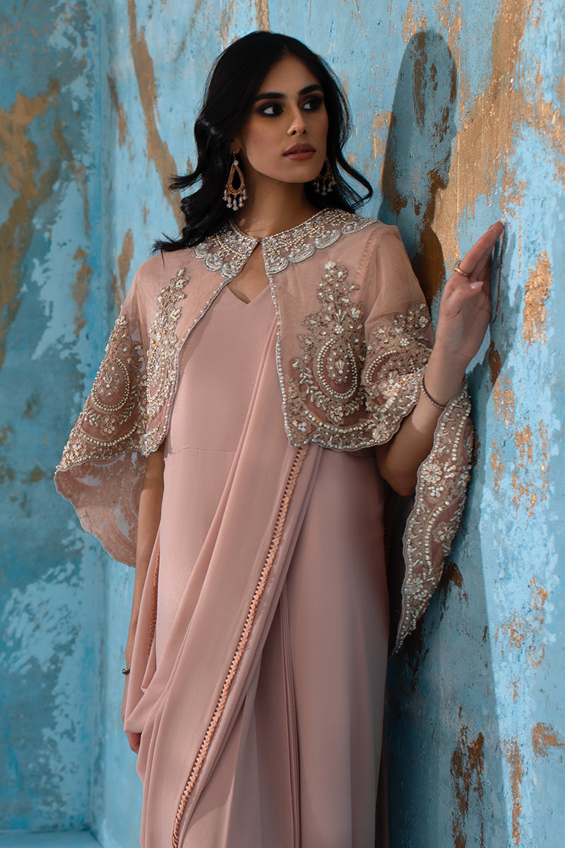 Wardha Saleem | Luxury Pret Fusion Wear | ROSALIE - FORMAL CAPE WITH DRAPE (2 PC) - Official Wardha Saleem stockist in UK - Sakeena London