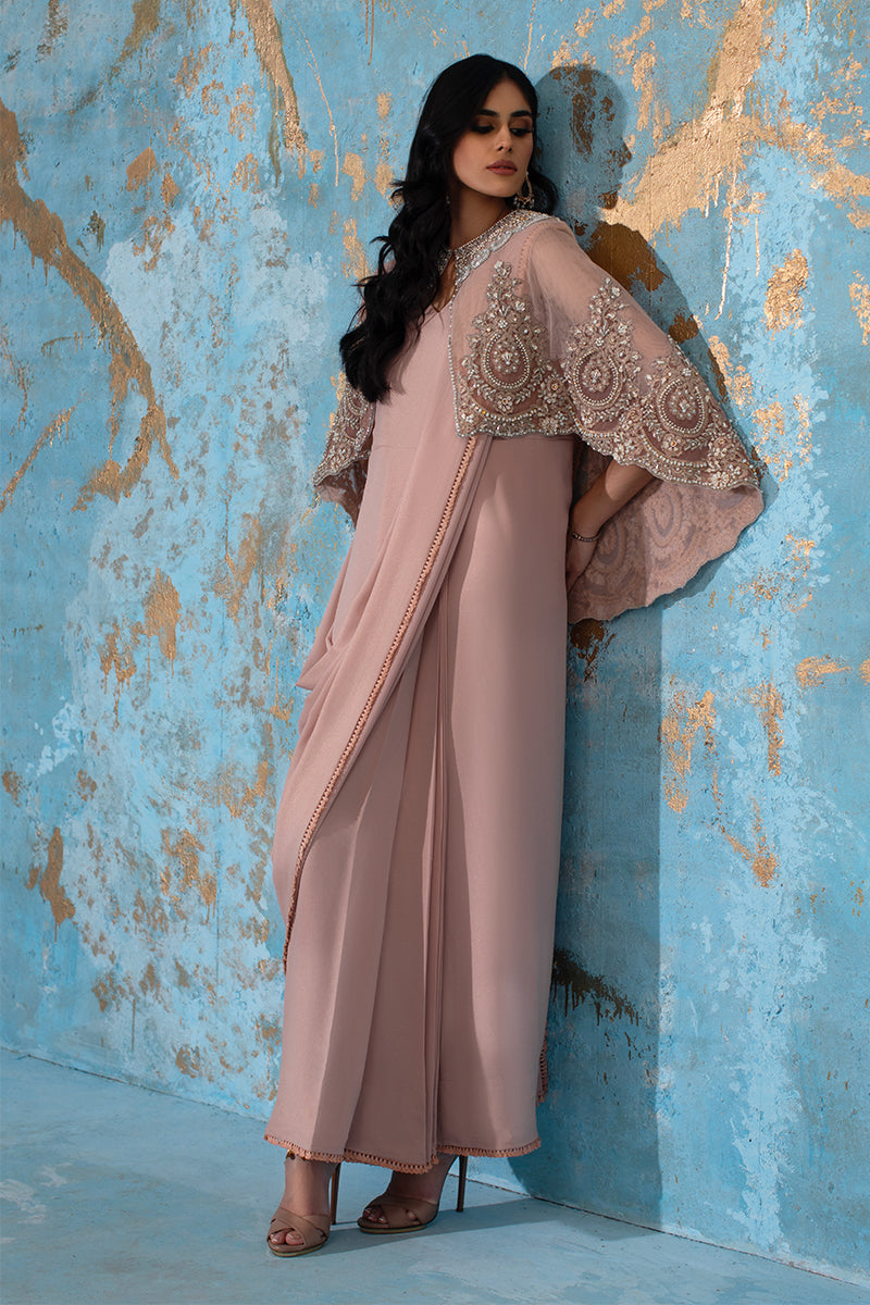 Wardha Saleem | Luxury Pret Fusion Wear | ROSALIE - FORMAL CAPE WITH DRAPE (2 PC) - Official Wardha Saleem stockist in UK - Sakeena London
