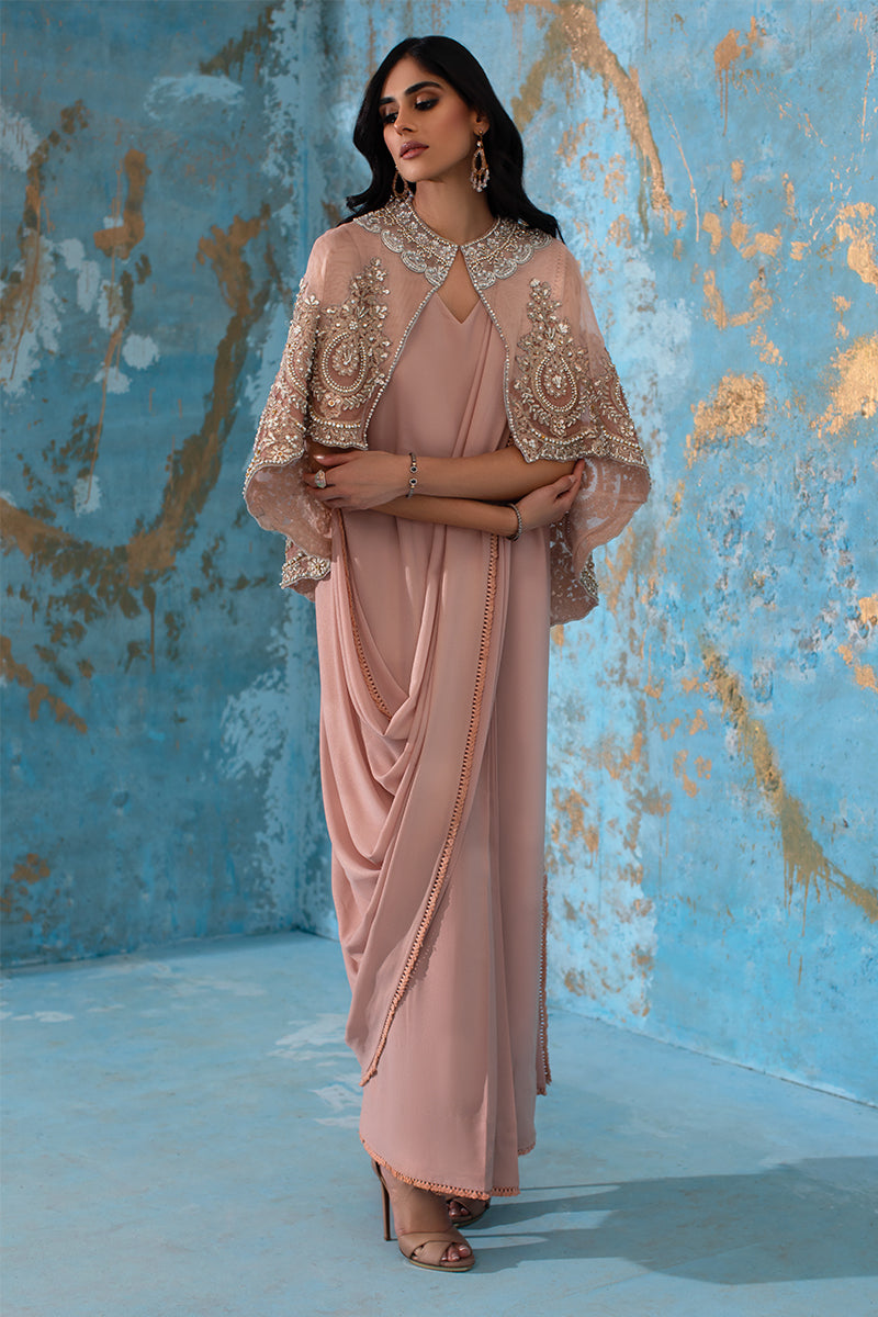 Wardha Saleem | Luxury Pret Fusion Wear | ROSALIE - FORMAL CAPE WITH DRAPE (2 PC) - Official Wardha Saleem stockist in UK - Sakeena London