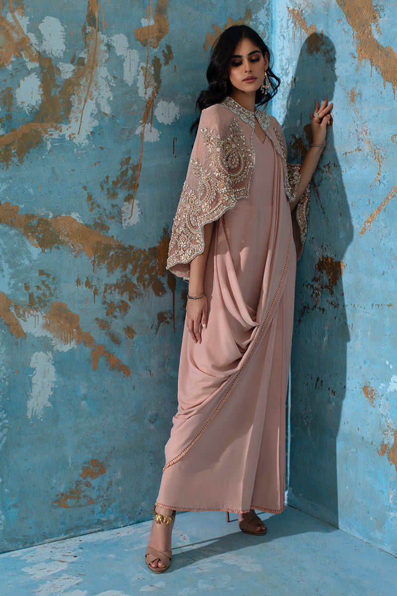 Wardha Saleem | Luxury Pret Fusion Wear | ROSALIE - FORMAL CAPE WITH DRAPE (2 PC) - Official Wardha Saleem stockist in UK - Sakeena London