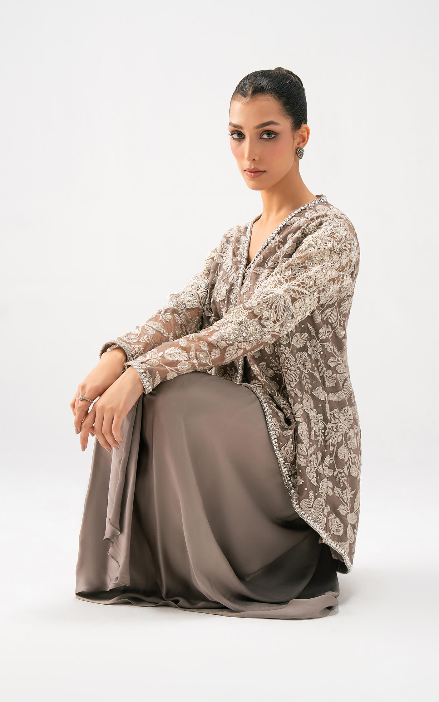 Asifa and Nabeel | Lyle Luxury Formals 25 | Taupe Bloom Drape Set - Official Asifa and Nabeel stockist in UK - Sakeena London