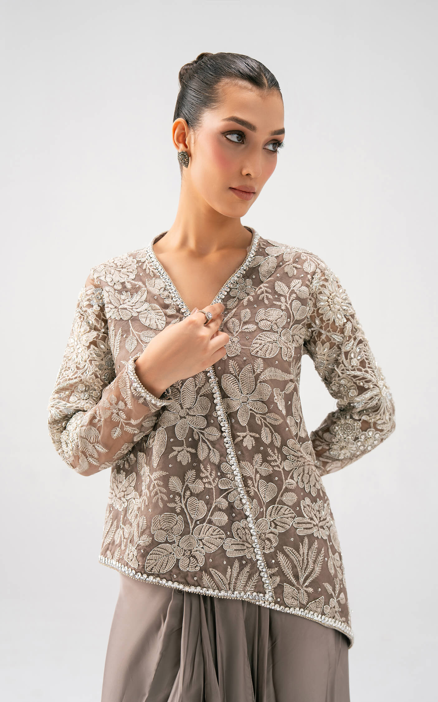 Asifa and Nabeel | Lyle Luxury Formals 25 | Taupe Bloom Drape Set - Official Asifa and Nabeel stockist in UK - Sakeena London