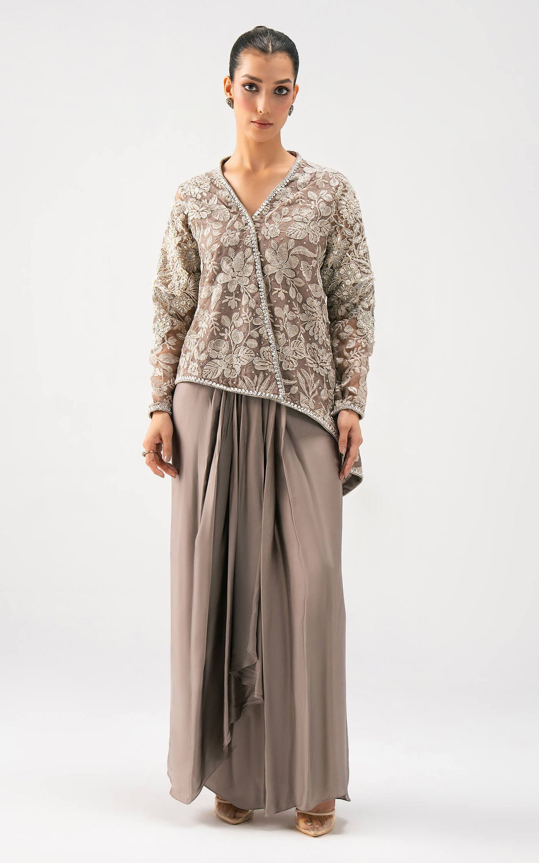 Asifa and Nabeel | Lyle Luxury Formals 25 | Taupe Bloom Drape Set - Official Asifa and Nabeel stockist in UK - Sakeena London