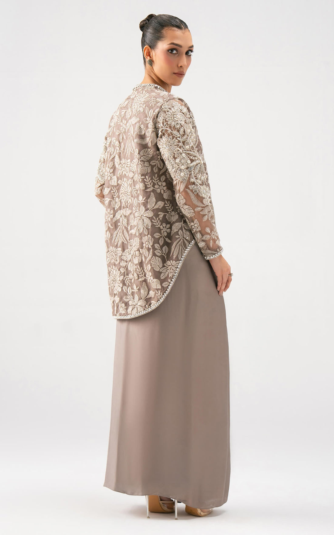 Asifa and Nabeel | Lyle Luxury Formals 25 | Taupe Bloom Drape Set - Official Asifa and Nabeel stockist in UK - Sakeena London
