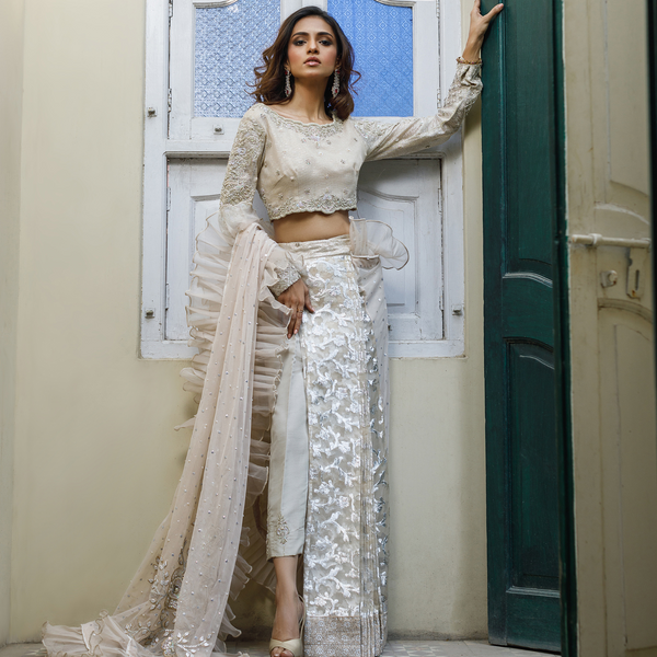 Wahajmkhan | Bahar Begum Formals | IVORY SARI PANTS - Official Wahaj M.Khan stockist in UK - Sakeena London