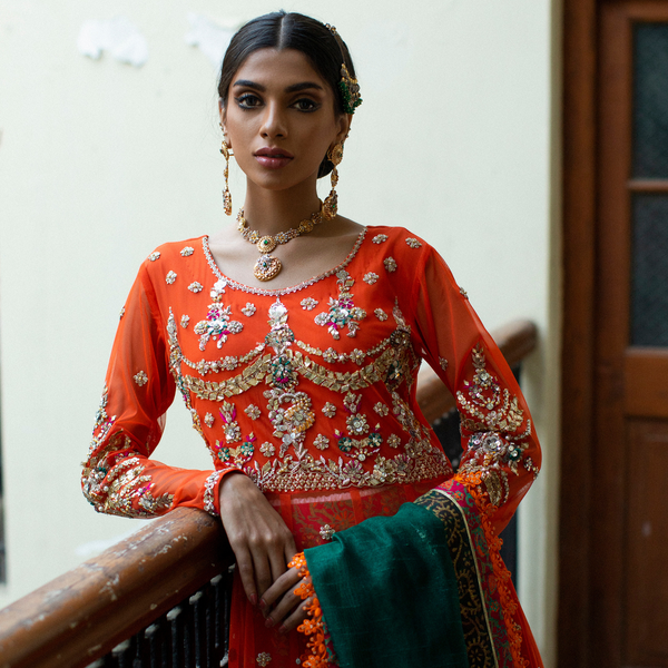 Wahajmkhan | Bahar Begum Formals | BURNT & EMERALD SHAWL ANARKALI - Official Wahaj M.Khan stockist in UK - Sakeena London