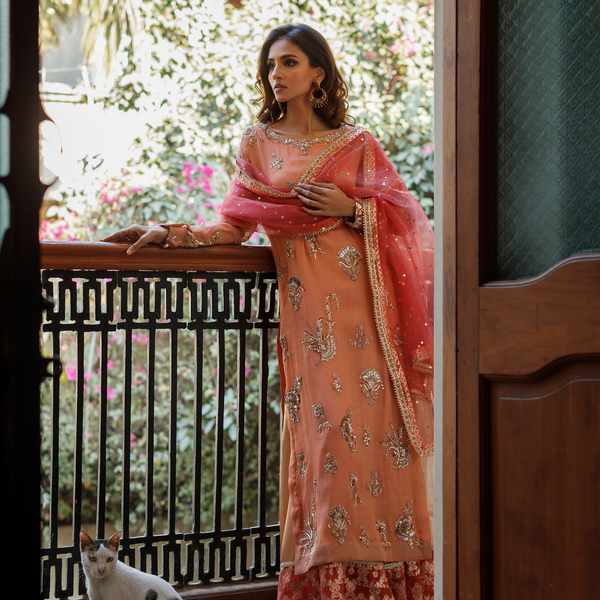 Wahajmkhan | Bahar Begum Formals | PEACH CORAL BAHAR OUTFIT - Official Wahaj M.Khan stockist in UK - Sakeena London