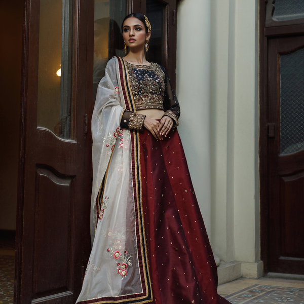 Wahajmkhan | Bahar Begum Formals | BLACK & MAROON BEGUM LEHNGA - Official Wahaj M.Khan stockist in UK - Sakeena London