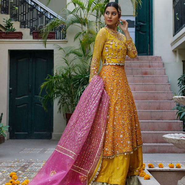 Wahajmkhan | Bahar Begum Formals | MUSTARD LAYERED LEHNGA CHOLI - Official Wahaj M.Khan stockist in UK - Sakeena London