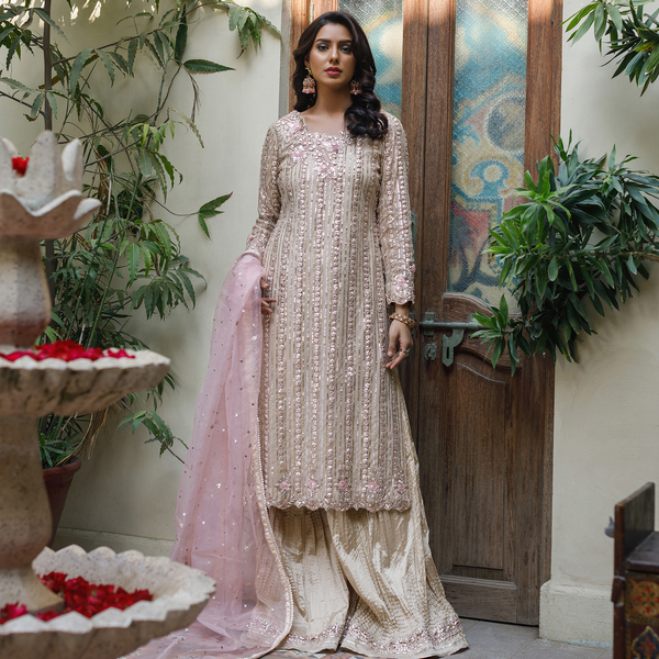 Wahajmkhan | Bahar Begum Formals | IVORY ROSE GOLD GOTTA JORA - Official Wahaj M.Khan stockist in UK - Sakeena London