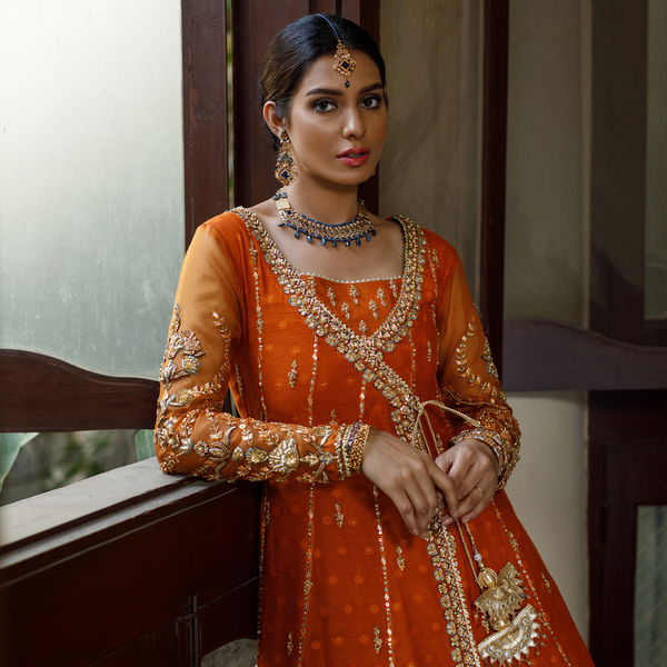 Wahajmkhan | Bahar Begum Formals | SAPPHIRE BURNT ANGARKHA - Official Wahaj M.Khan stockist in UK - Sakeena London
