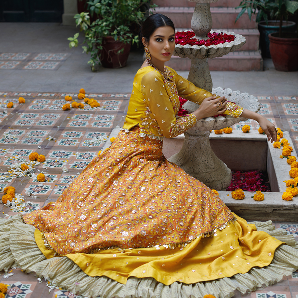 Wahajmkhan | Bahar Begum Formals | MUSTARD LAYERED LEHNGA CHOLI - Official Wahaj M.Khan stockist in UK - Sakeena London