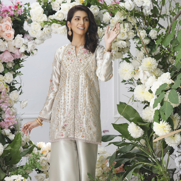Wahajmkhan | Eden wedding Formals | SILVER SHORT JACKET - Official Wahaj M.Khan stockist in UK - Sakeena London
